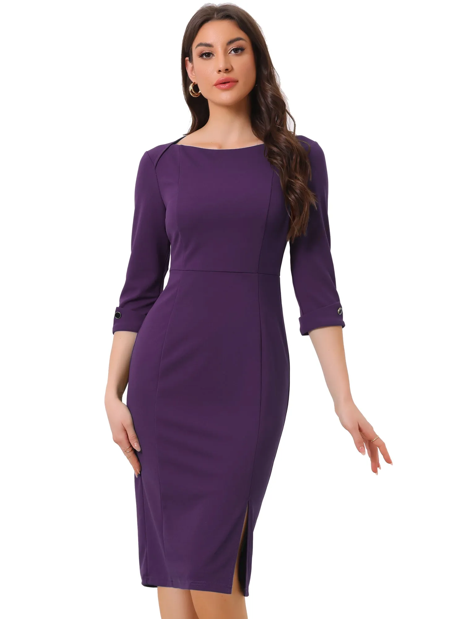 Elegant Boat Neck 3/4 Sleeves Work Midi Split Sheath Dress