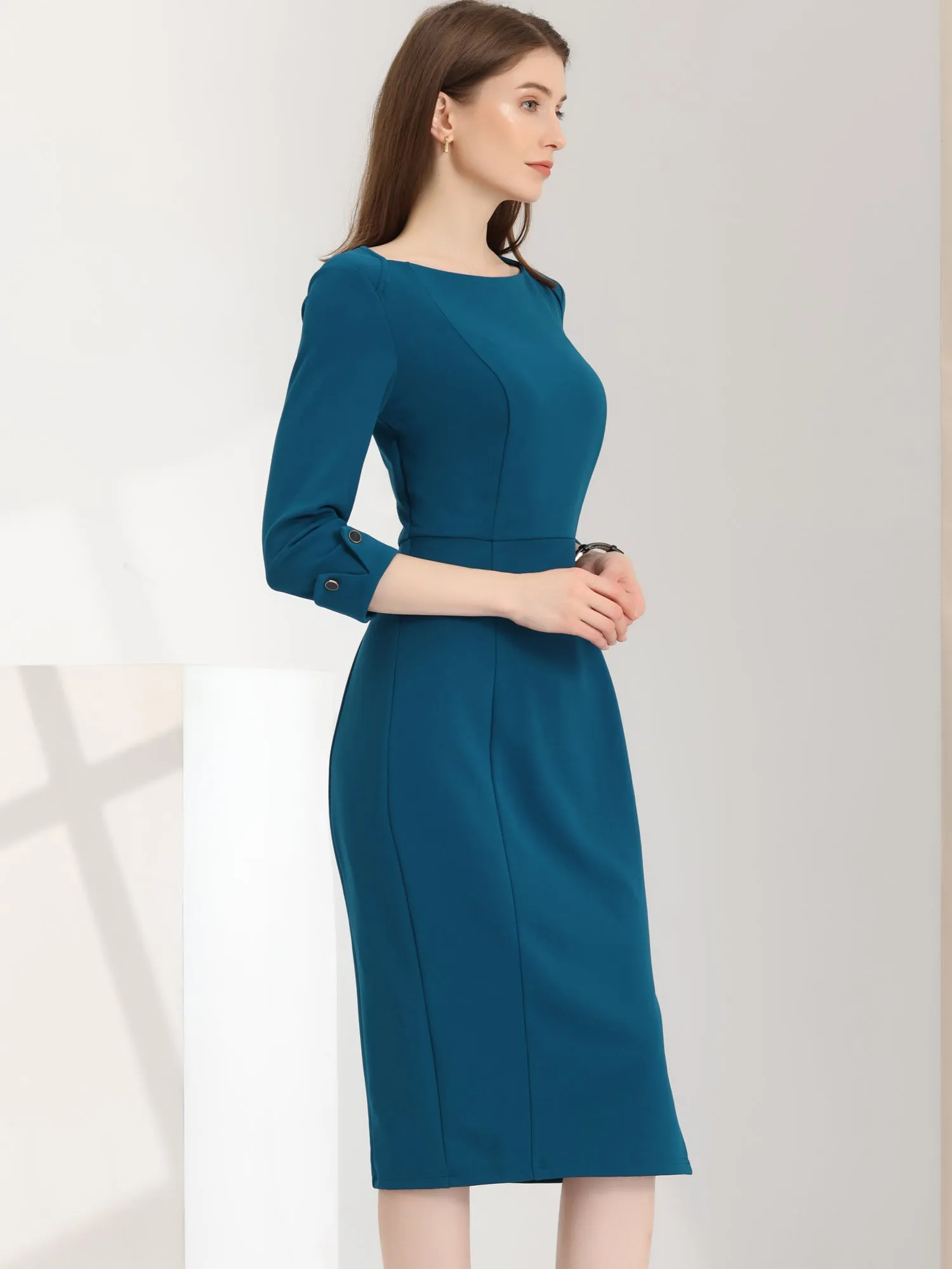 Elegant Boat Neck 3/4 Sleeves Work Midi Split Sheath Dress