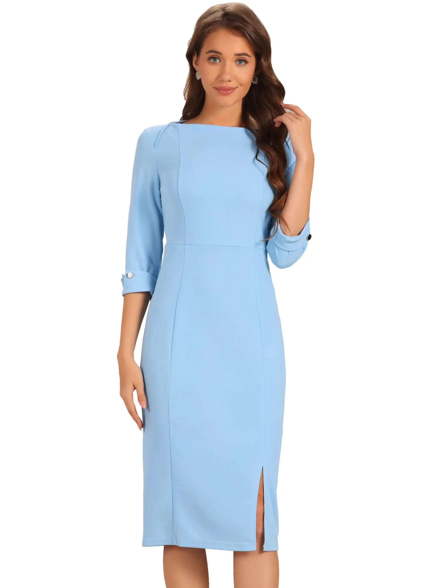 Elegant Boat Neck 3/4 Sleeves Work Midi Split Sheath Dress