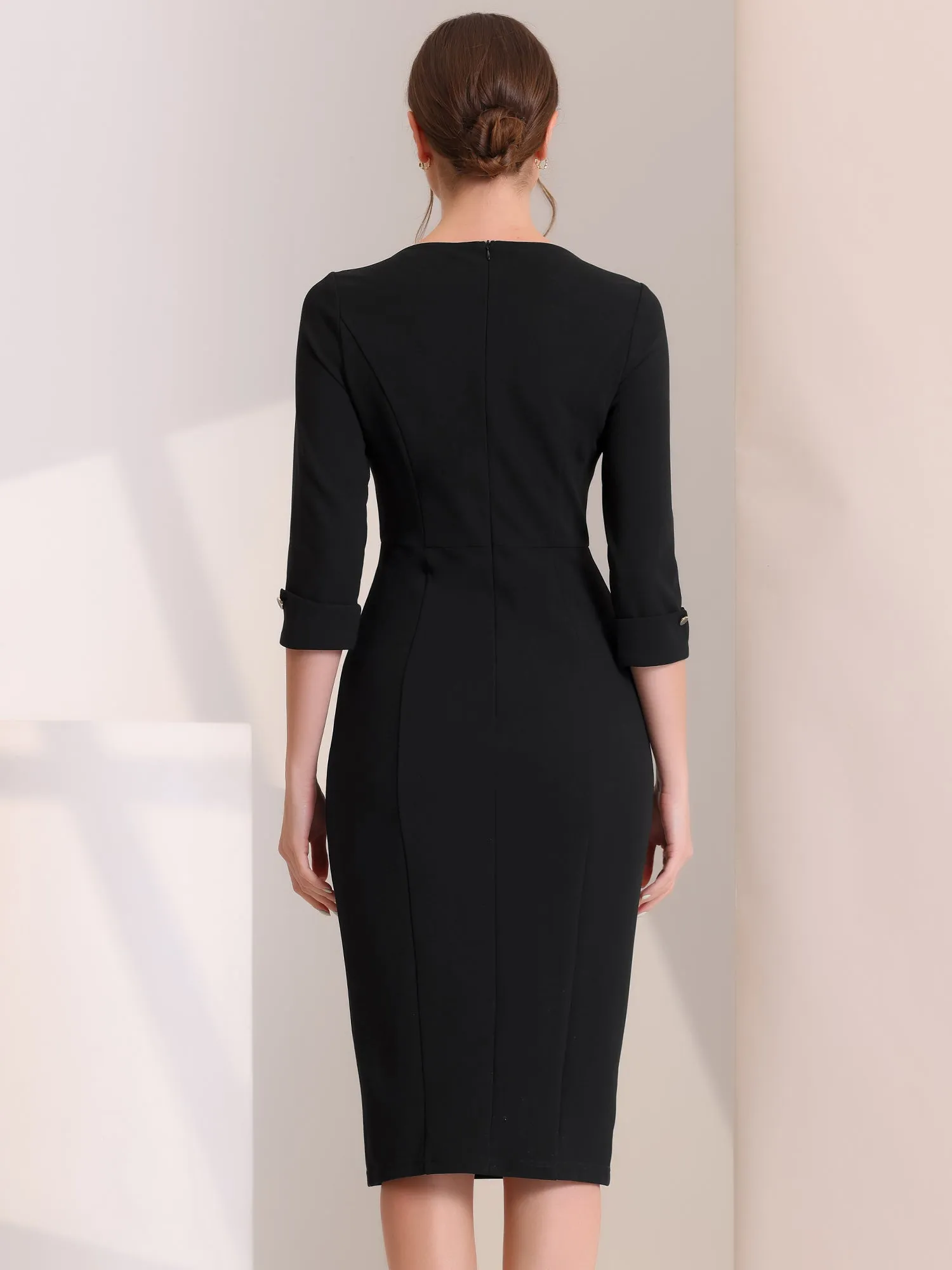 Elegant Boat Neck 3/4 Sleeves Work Midi Split Sheath Dress
