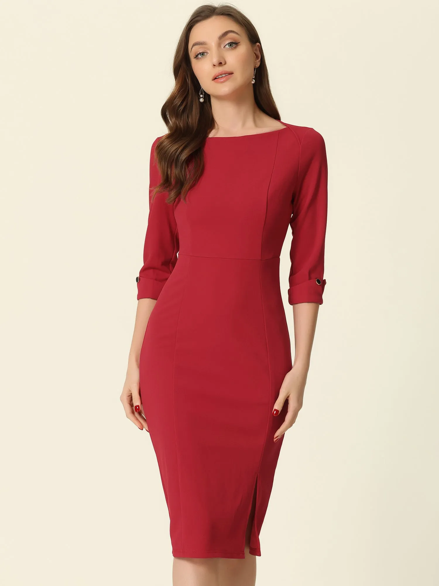 Elegant Boat Neck 3/4 Sleeves Work Midi Split Sheath Dress