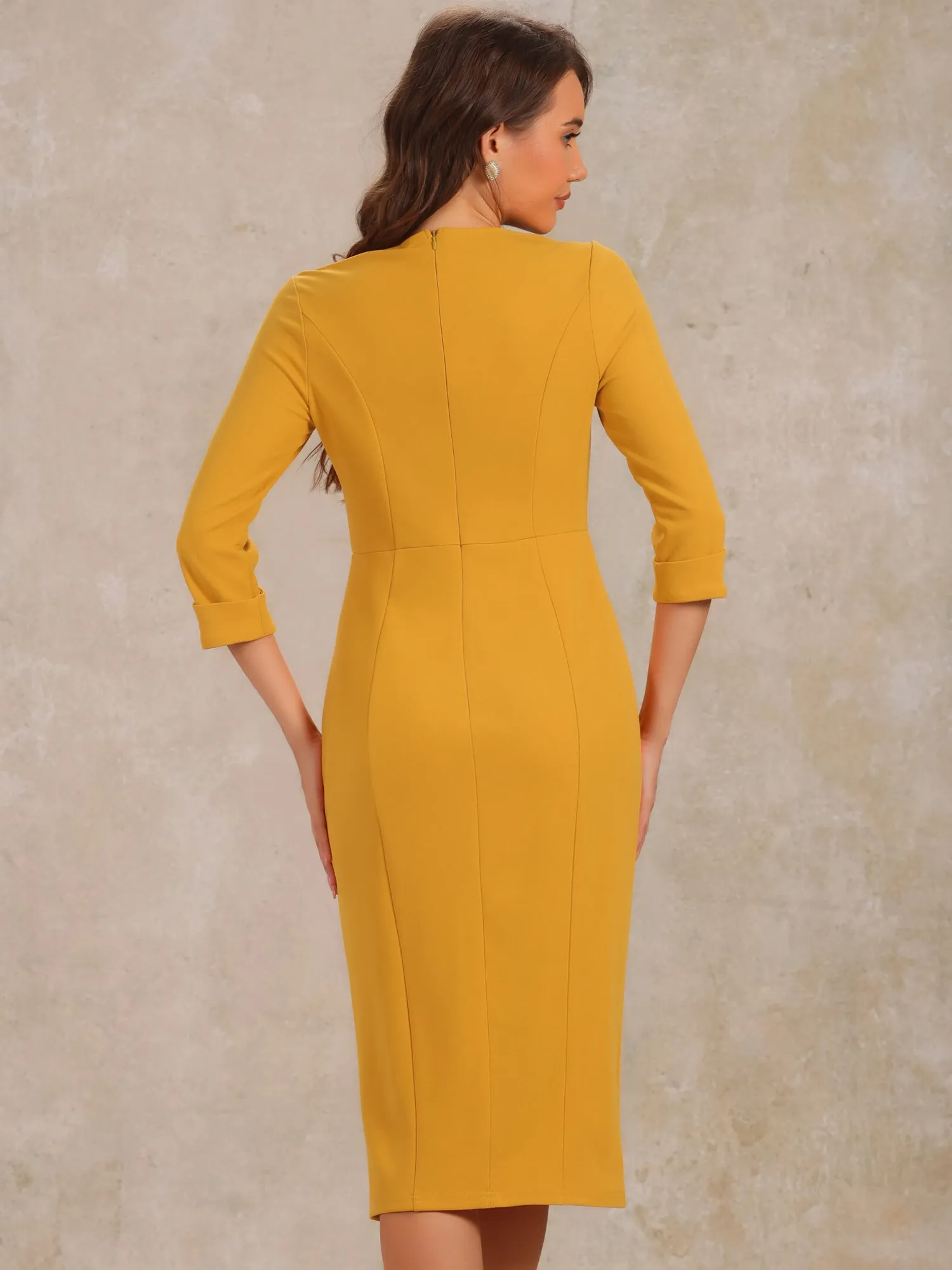 Elegant Boat Neck 3/4 Sleeves Work Midi Split Sheath Dress