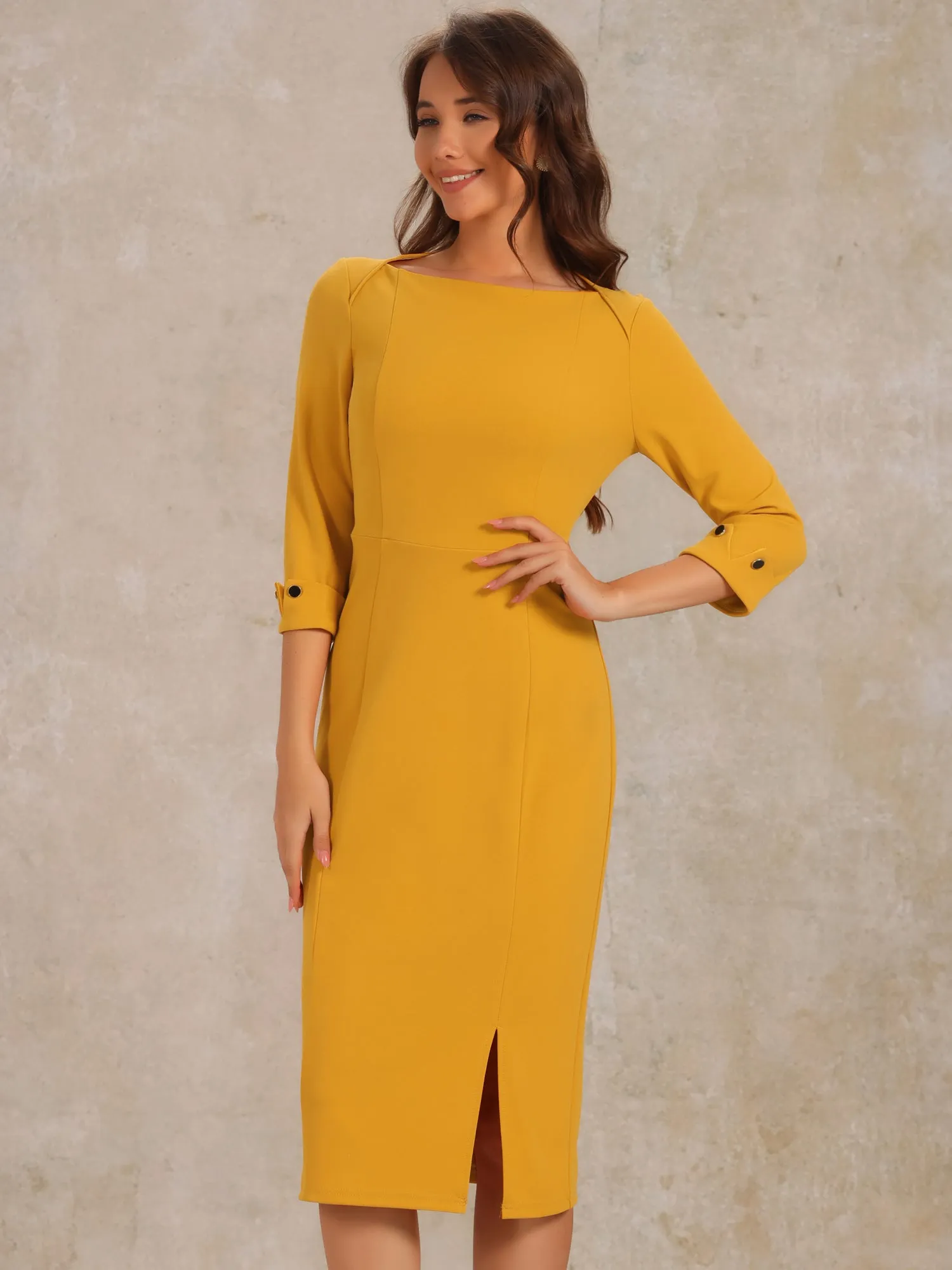 Elegant Boat Neck 3/4 Sleeves Work Midi Split Sheath Dress
