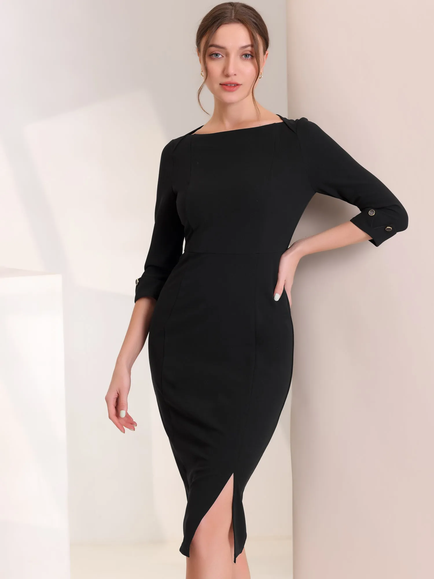 Elegant Boat Neck 3/4 Sleeves Work Midi Split Sheath Dress