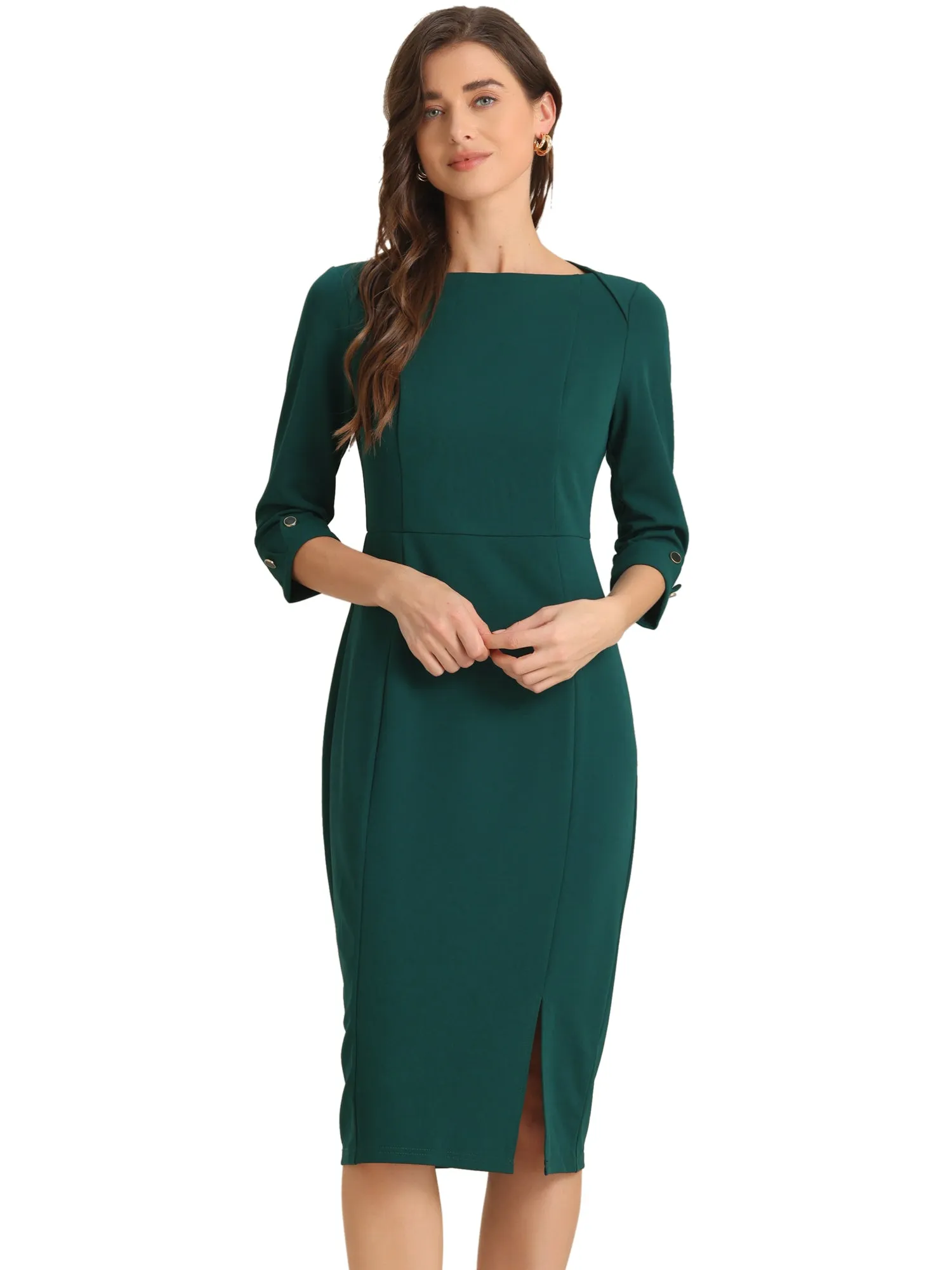 Elegant Boat Neck 3/4 Sleeves Work Midi Split Sheath Dress