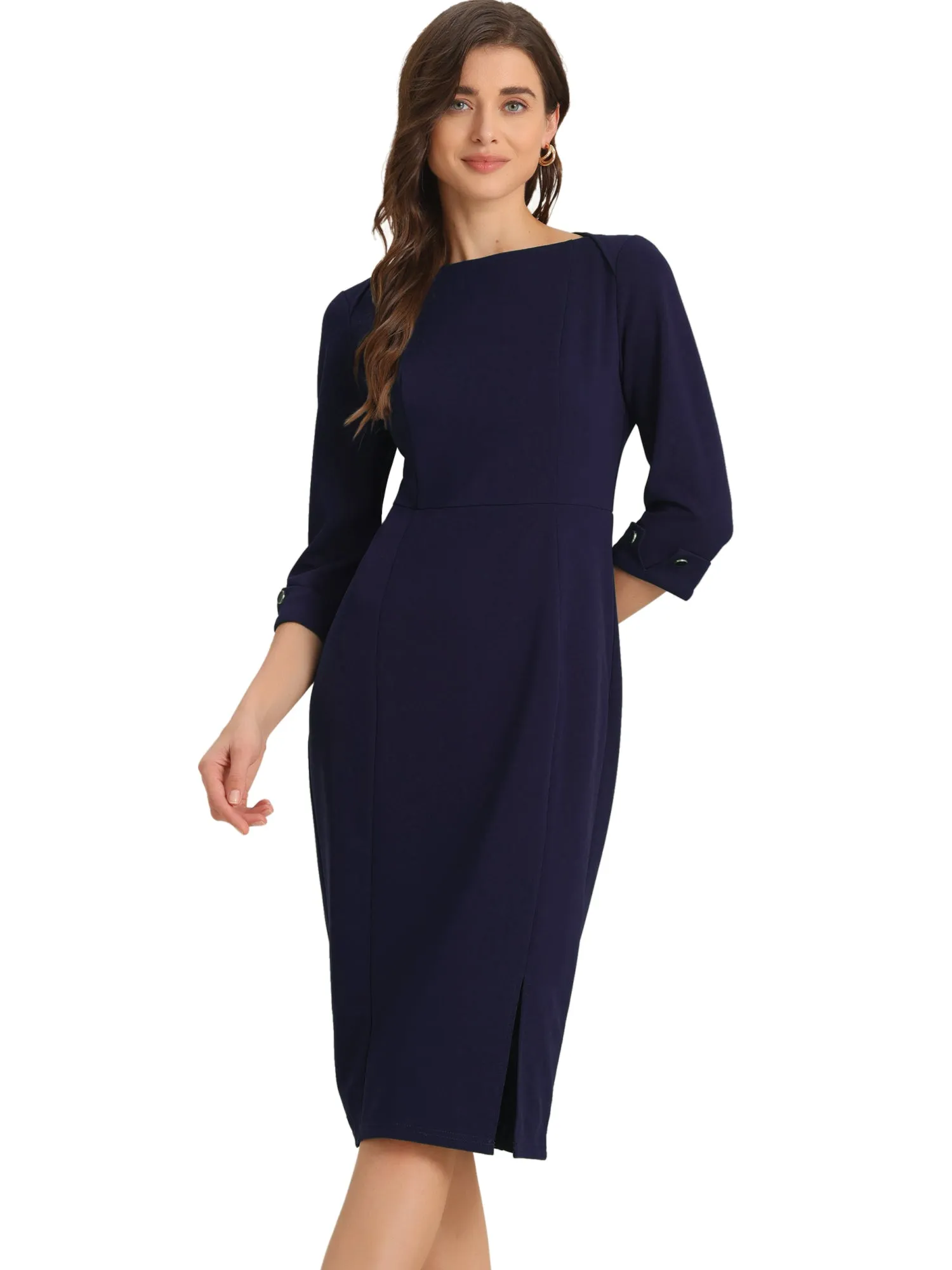 Elegant Boat Neck 3/4 Sleeves Work Midi Split Sheath Dress