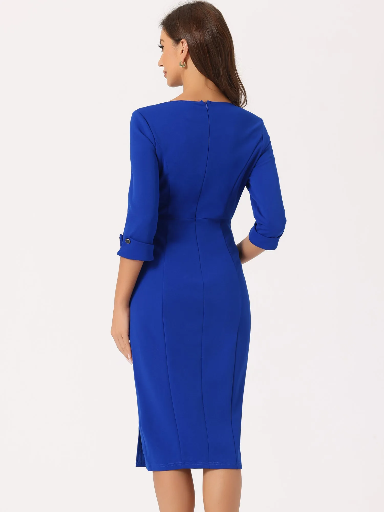 Elegant Boat Neck 3/4 Sleeves Work Midi Split Sheath Dress