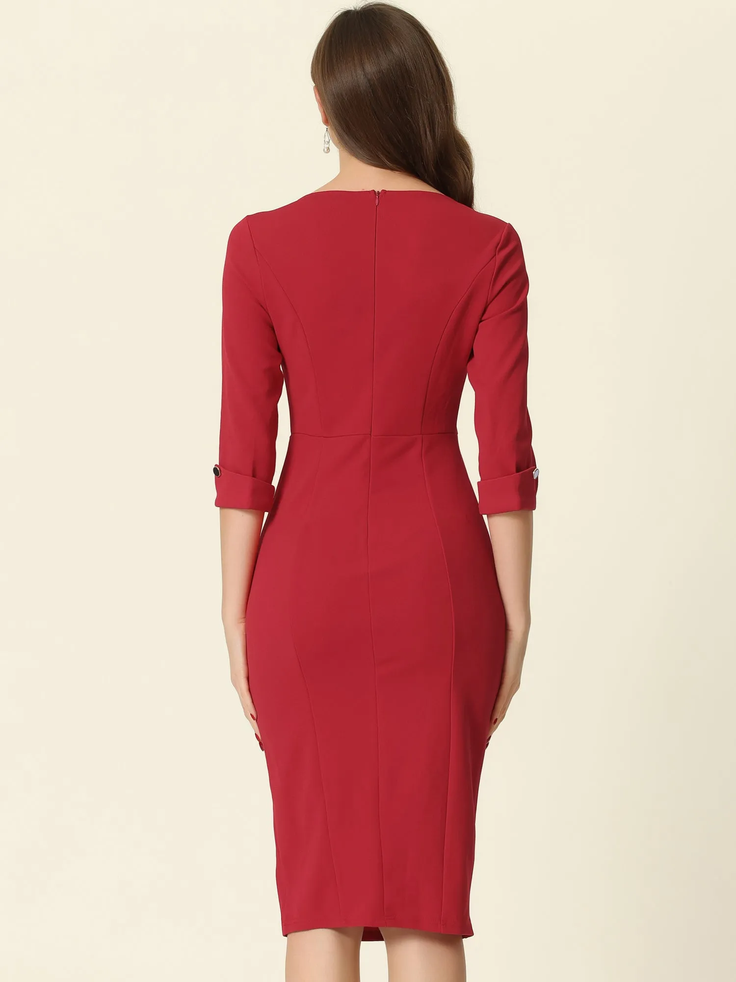 Elegant Boat Neck 3/4 Sleeves Work Midi Split Sheath Dress