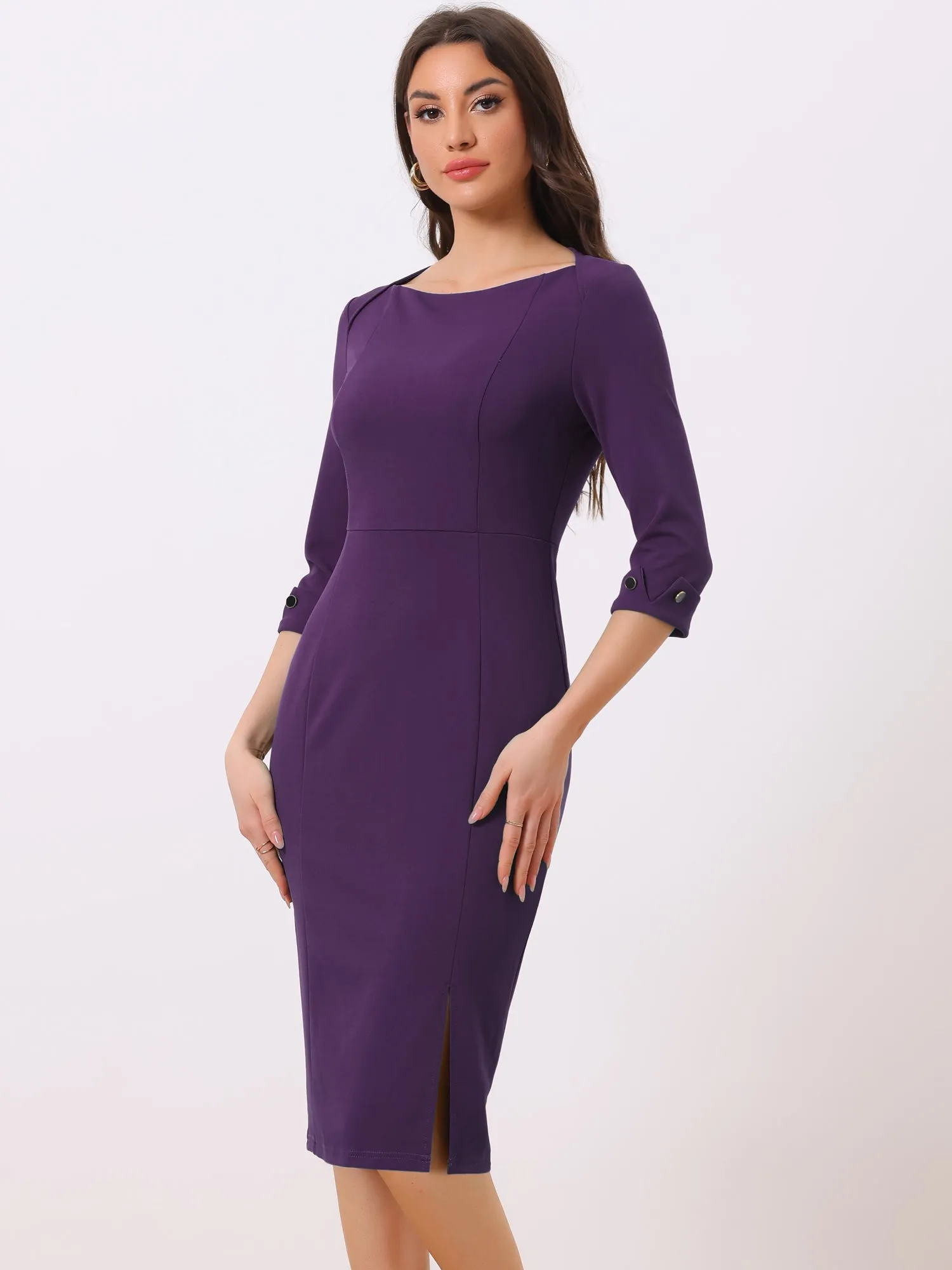 Elegant Boat Neck 3/4 Sleeves Work Midi Split Sheath Dress