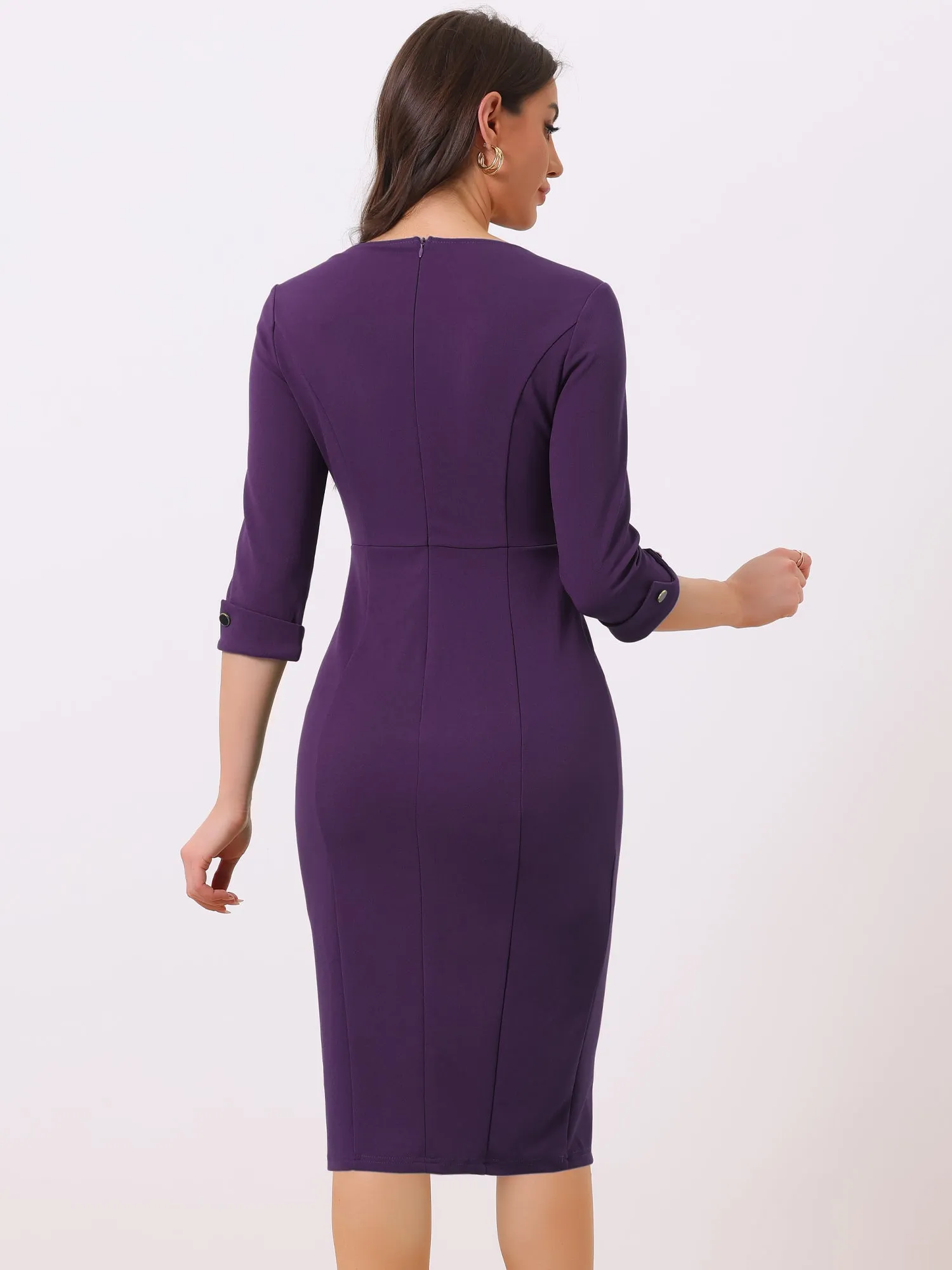 Elegant Boat Neck 3/4 Sleeves Work Midi Split Sheath Dress