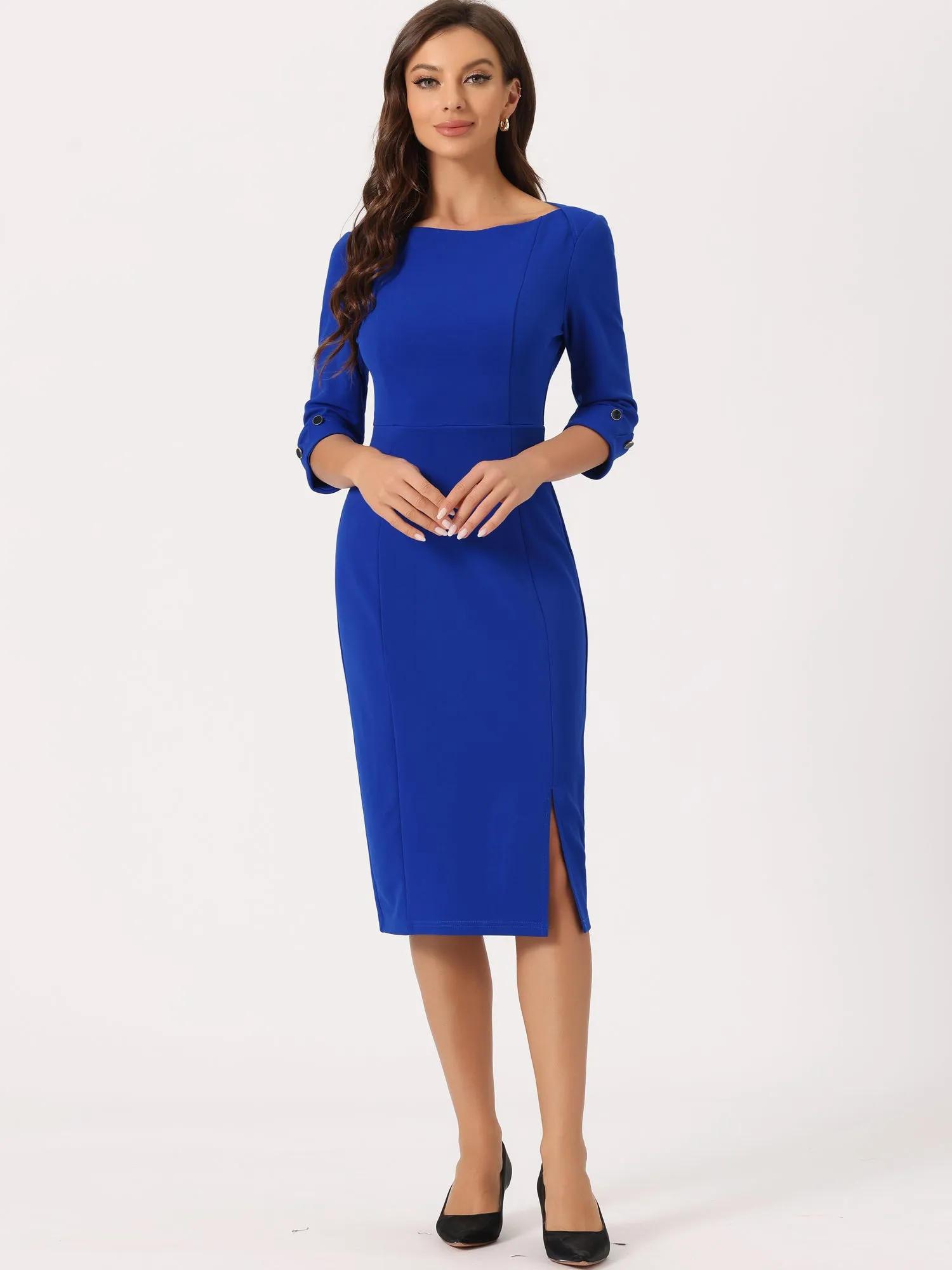 Elegant Boat Neck 3/4 Sleeves Work Midi Split Sheath Dress
