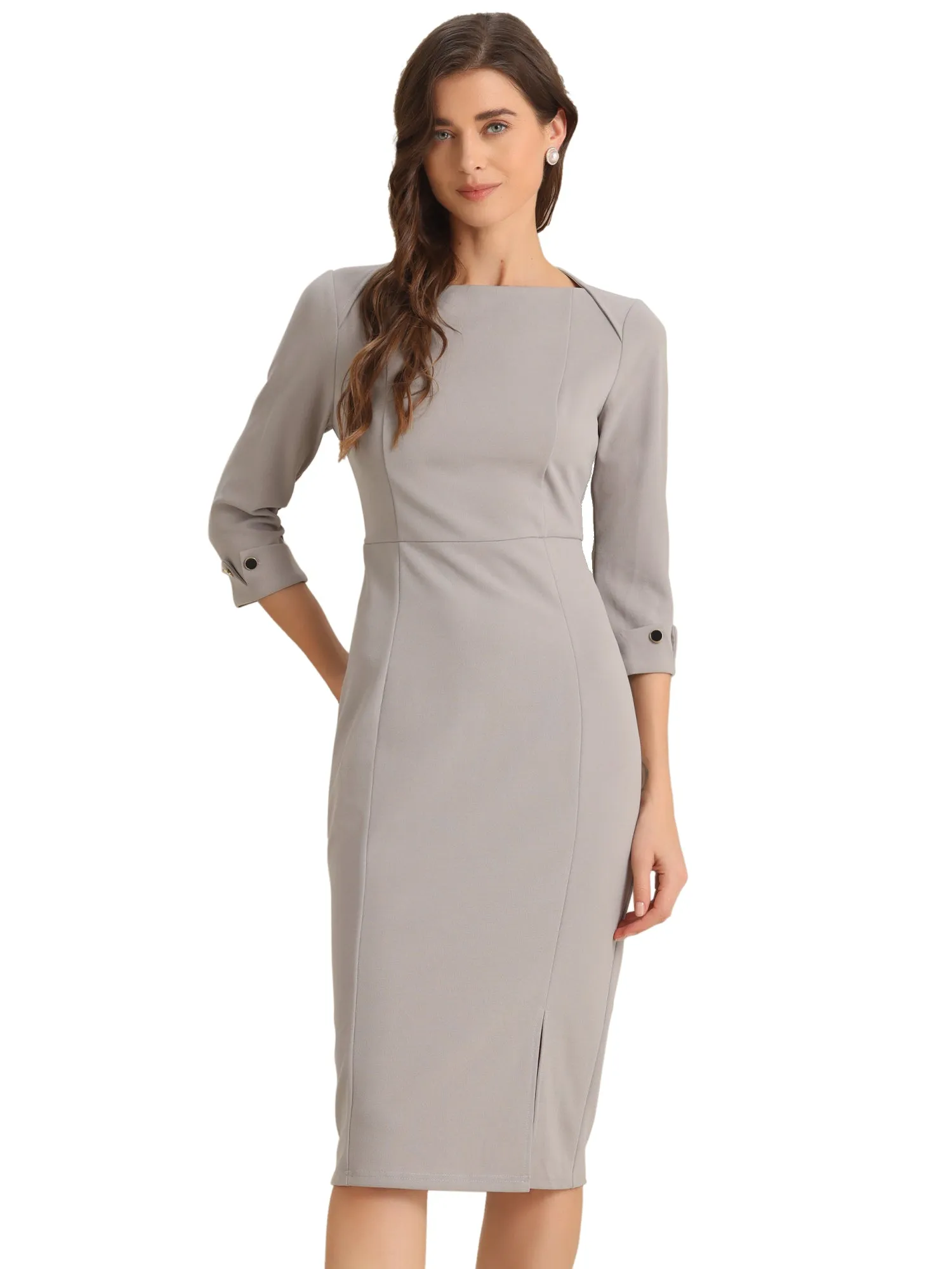 Elegant Boat Neck 3/4 Sleeves Work Midi Split Sheath Dress