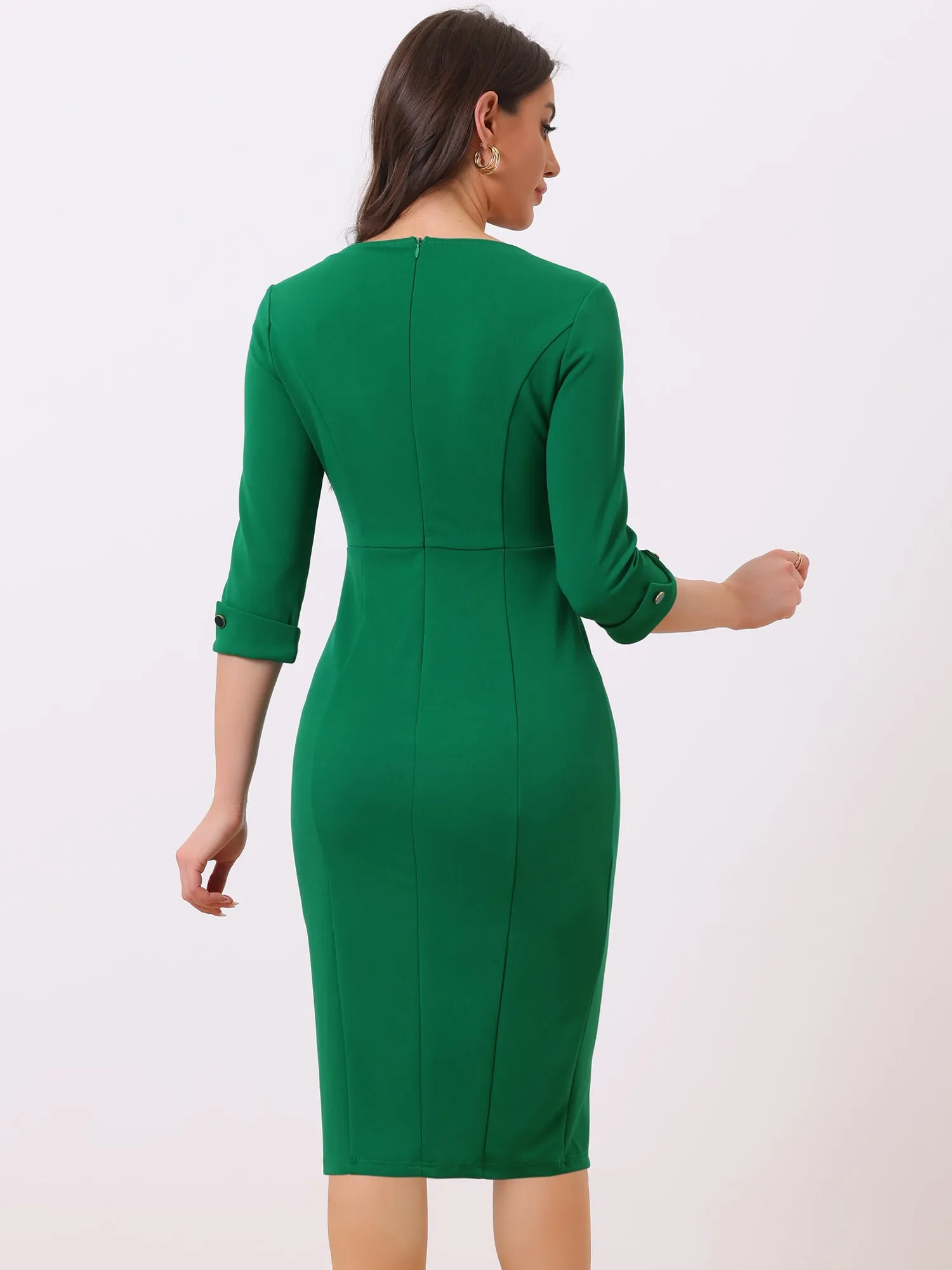 Elegant Boat Neck 3/4 Sleeves Work Midi Split Sheath Dress
