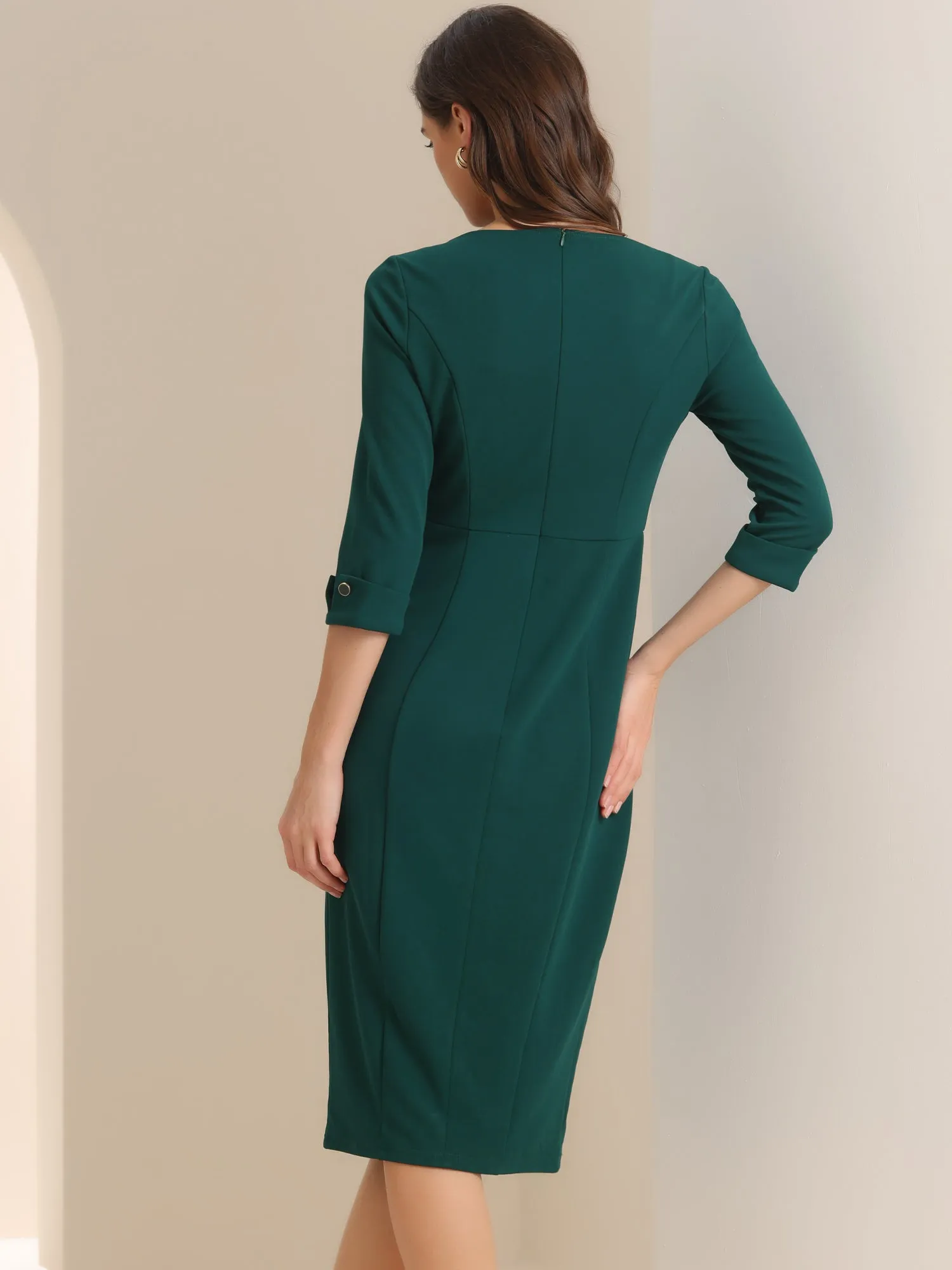 Elegant Boat Neck 3/4 Sleeves Work Midi Split Sheath Dress