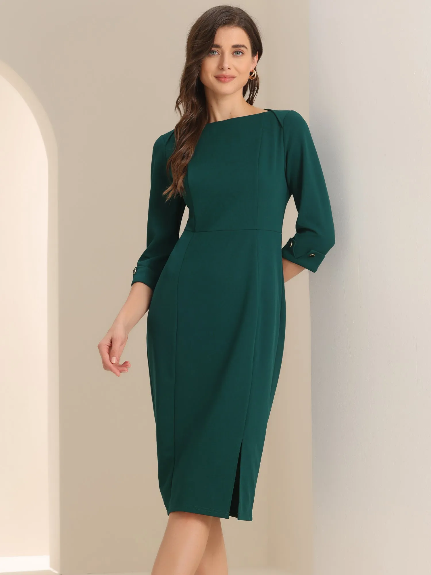 Elegant Boat Neck 3/4 Sleeves Work Midi Split Sheath Dress