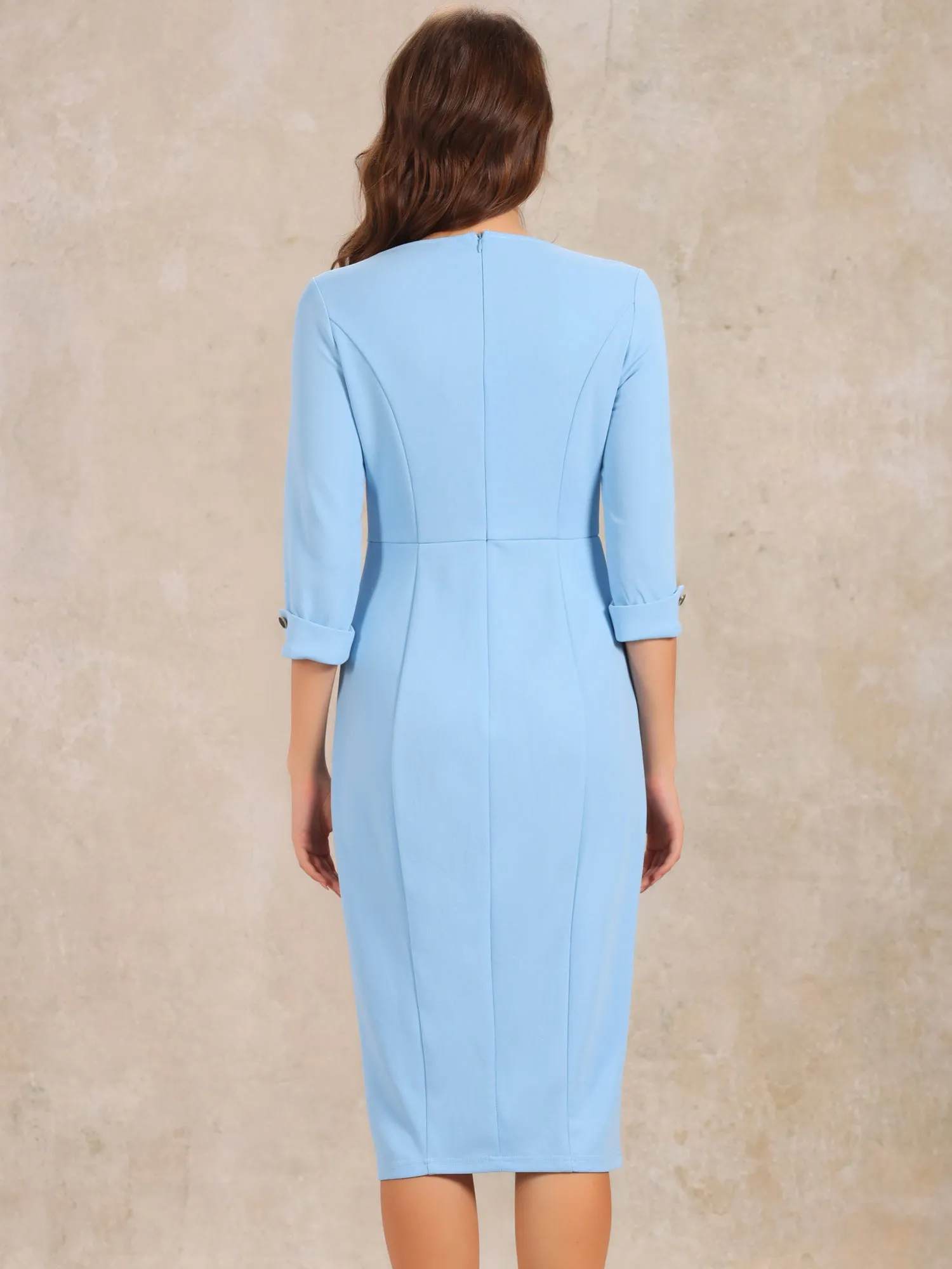 Elegant Boat Neck 3/4 Sleeves Work Midi Split Sheath Dress