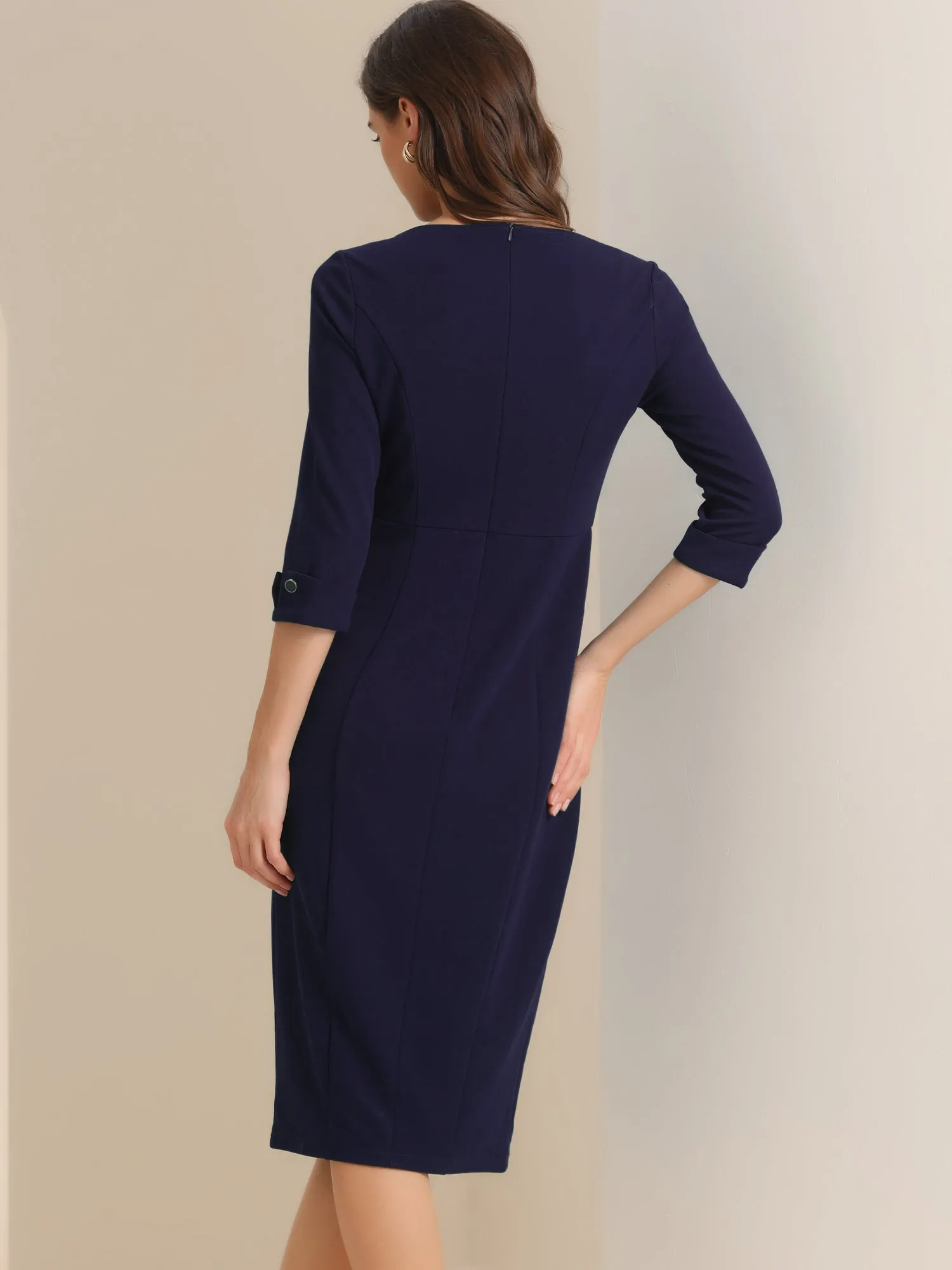 Elegant Boat Neck 3/4 Sleeves Work Midi Split Sheath Dress