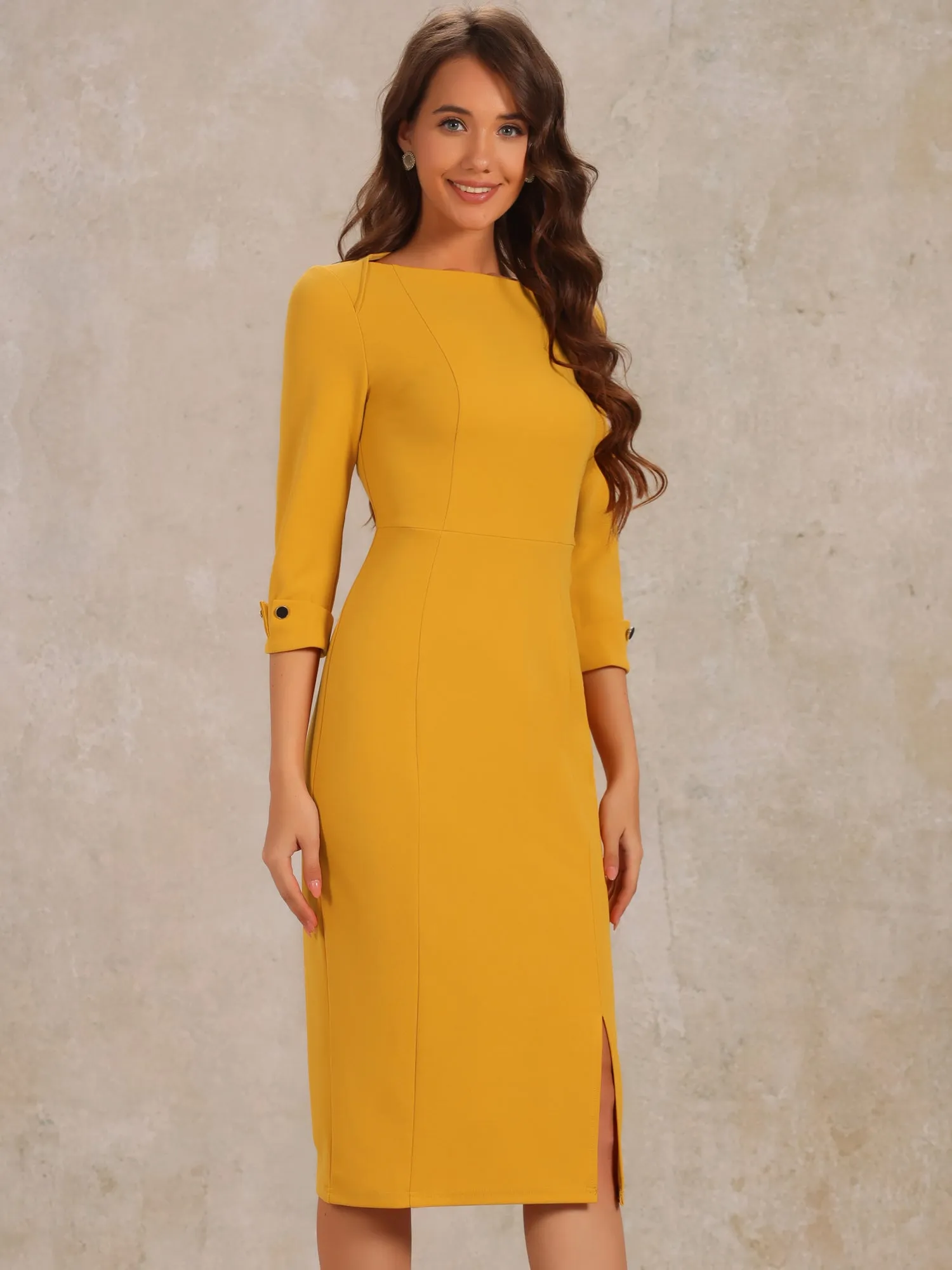 Elegant Boat Neck 3/4 Sleeves Work Midi Split Sheath Dress