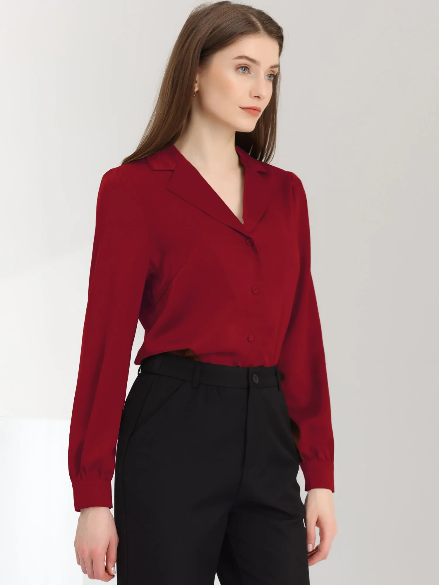 Elegant Collar Blouse Long Sleeve Work Office Satin Button Down Shirt