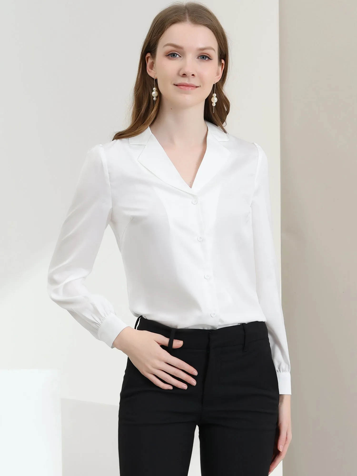 Elegant Collar Blouse Long Sleeve Work Office Satin Button Down Shirt