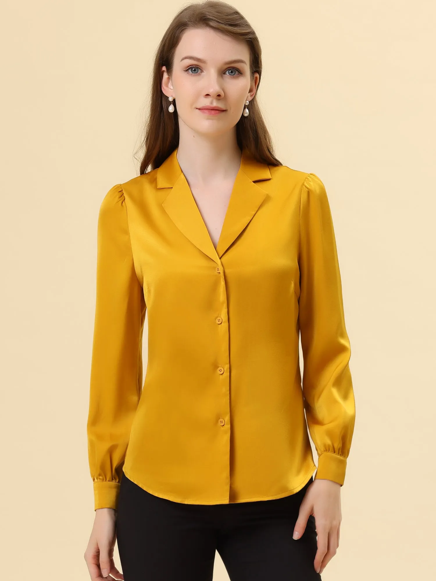 Elegant Collar Blouse Long Sleeve Work Office Satin Button Down Shirt