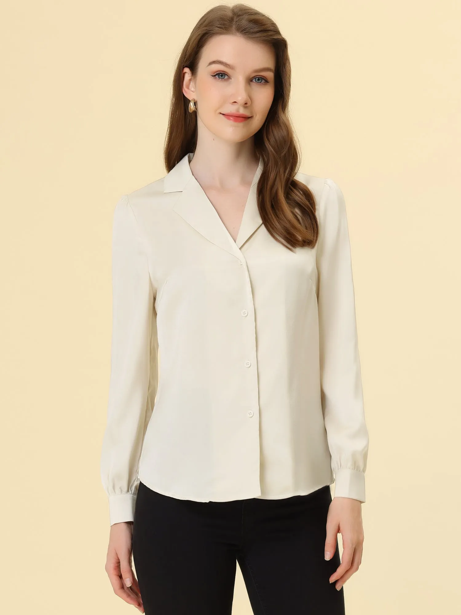 Elegant Collar Blouse Long Sleeve Work Office Satin Button Down Shirt