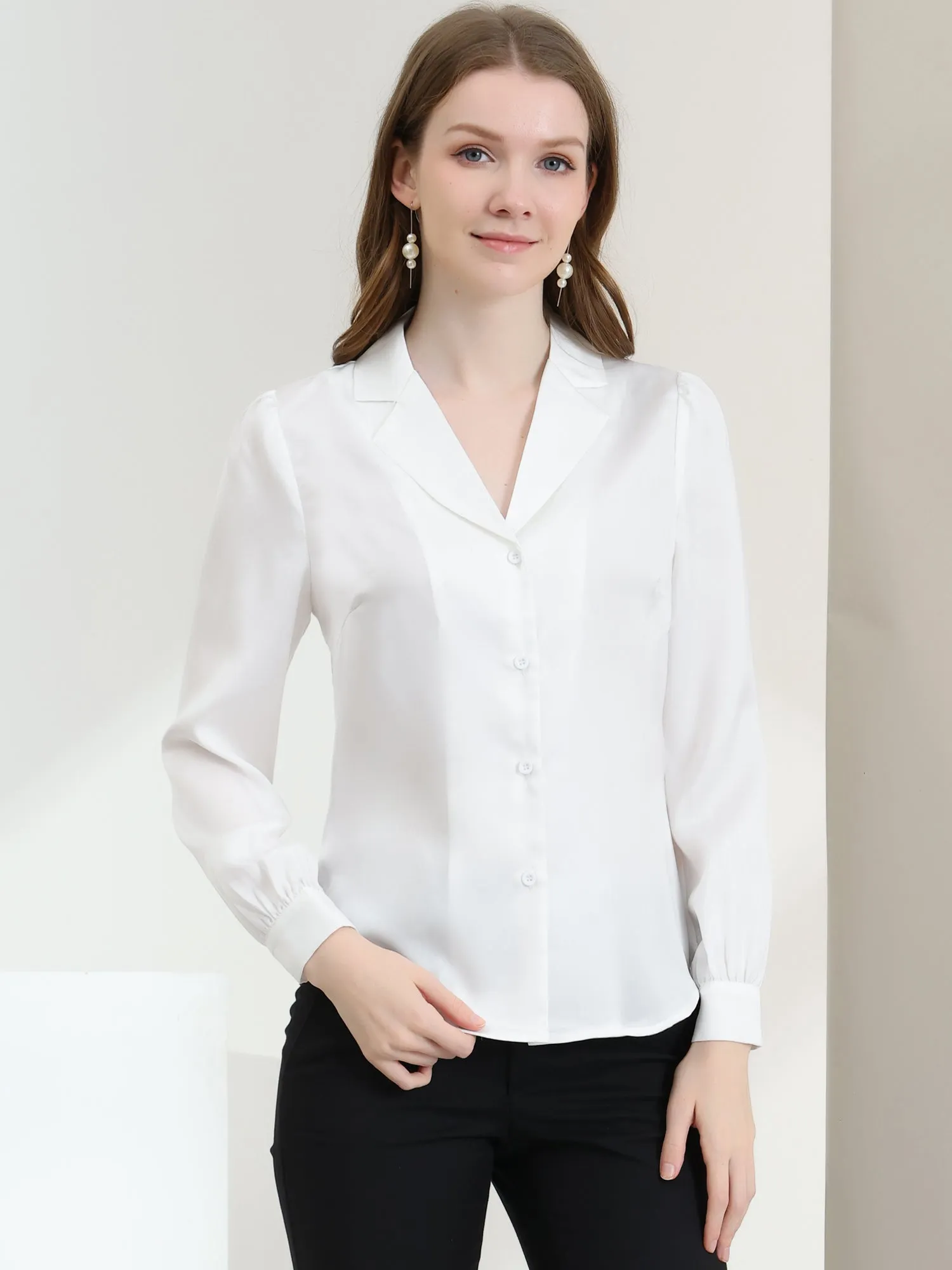 Elegant Collar Blouse Long Sleeve Work Office Satin Button Down Shirt