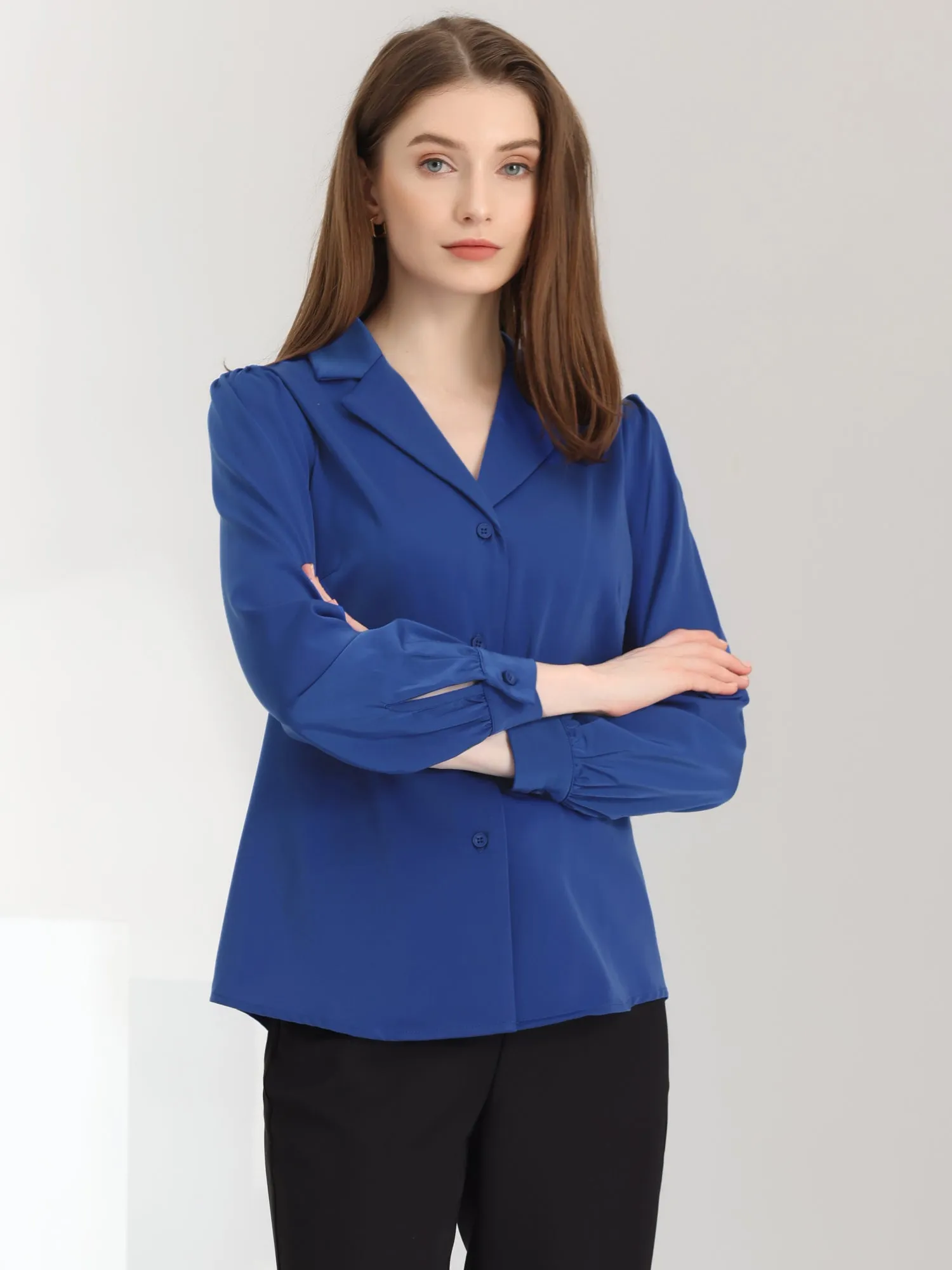 Elegant Collar Blouse Long Sleeve Work Office Satin Button Down Shirt