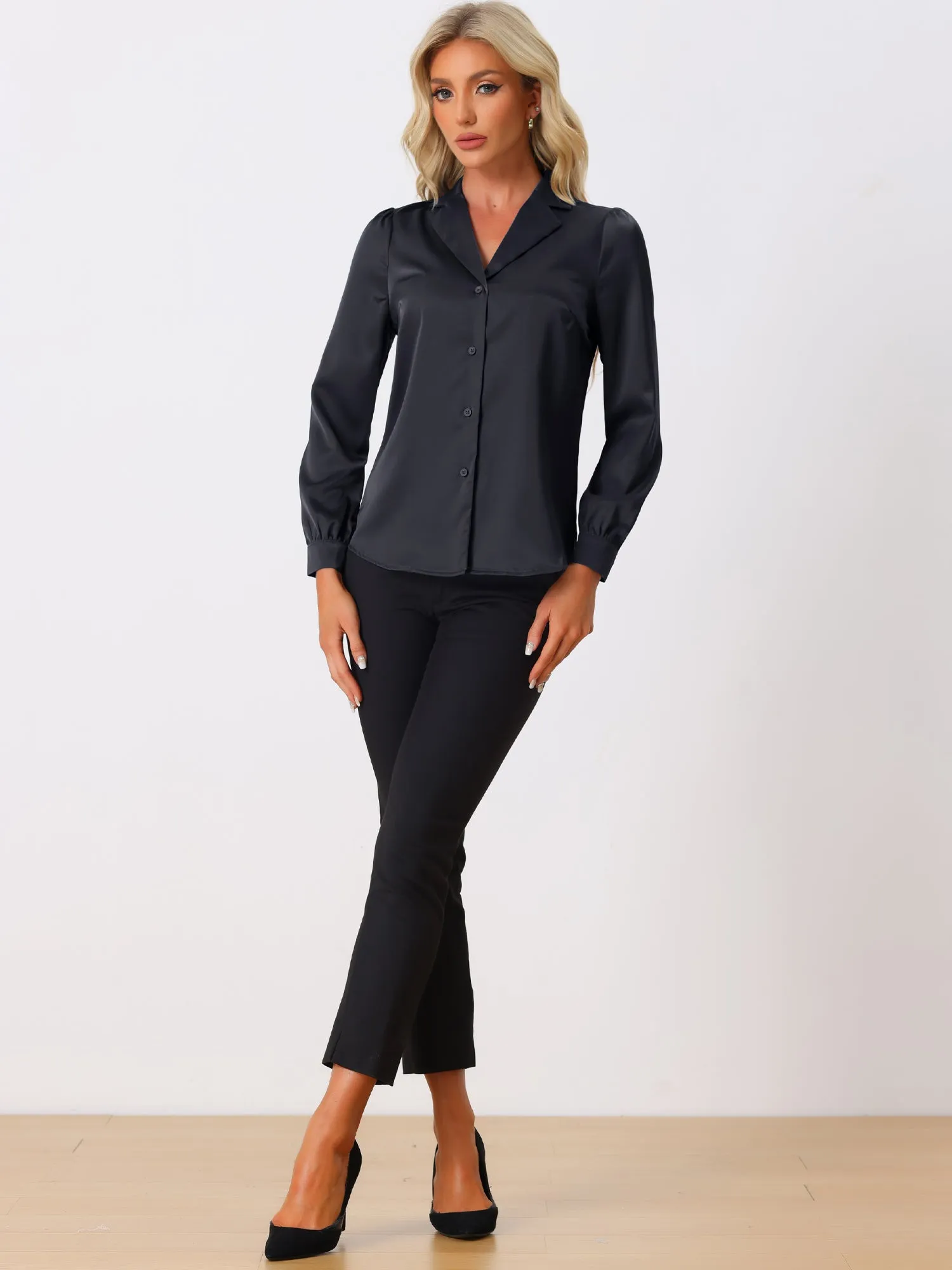 Elegant Collar Blouse Long Sleeve Work Office Satin Button Down Shirt