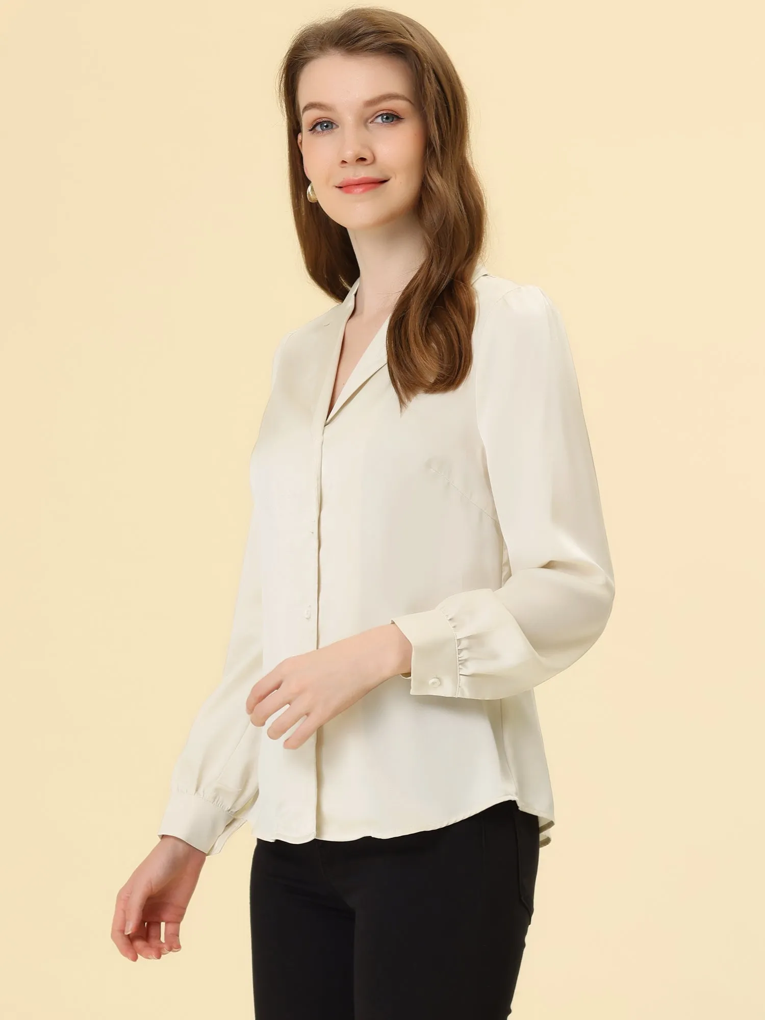 Elegant Collar Blouse Long Sleeve Work Office Satin Button Down Shirt