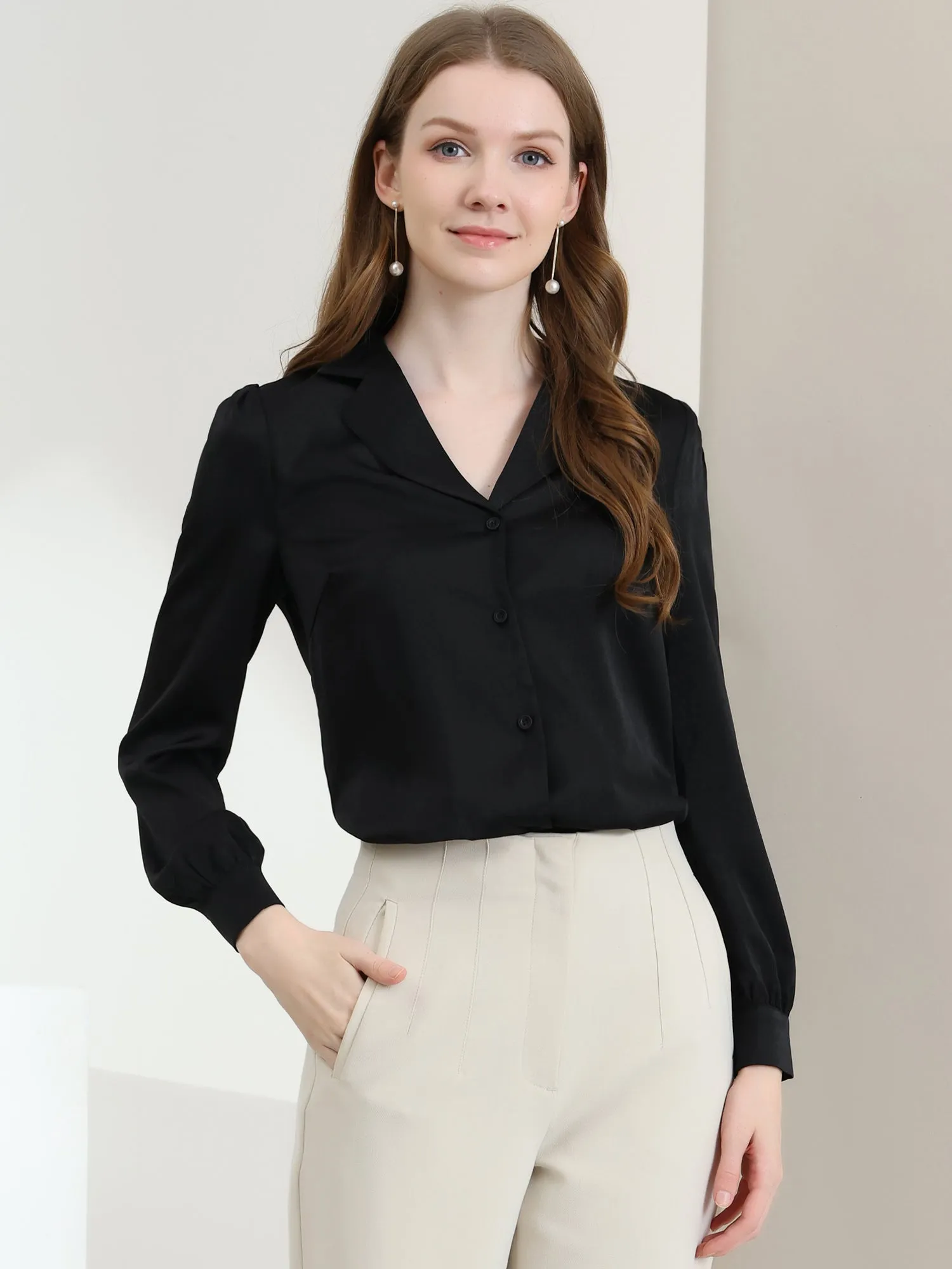 Elegant Collar Blouse Long Sleeve Work Office Satin Button Down Shirt
