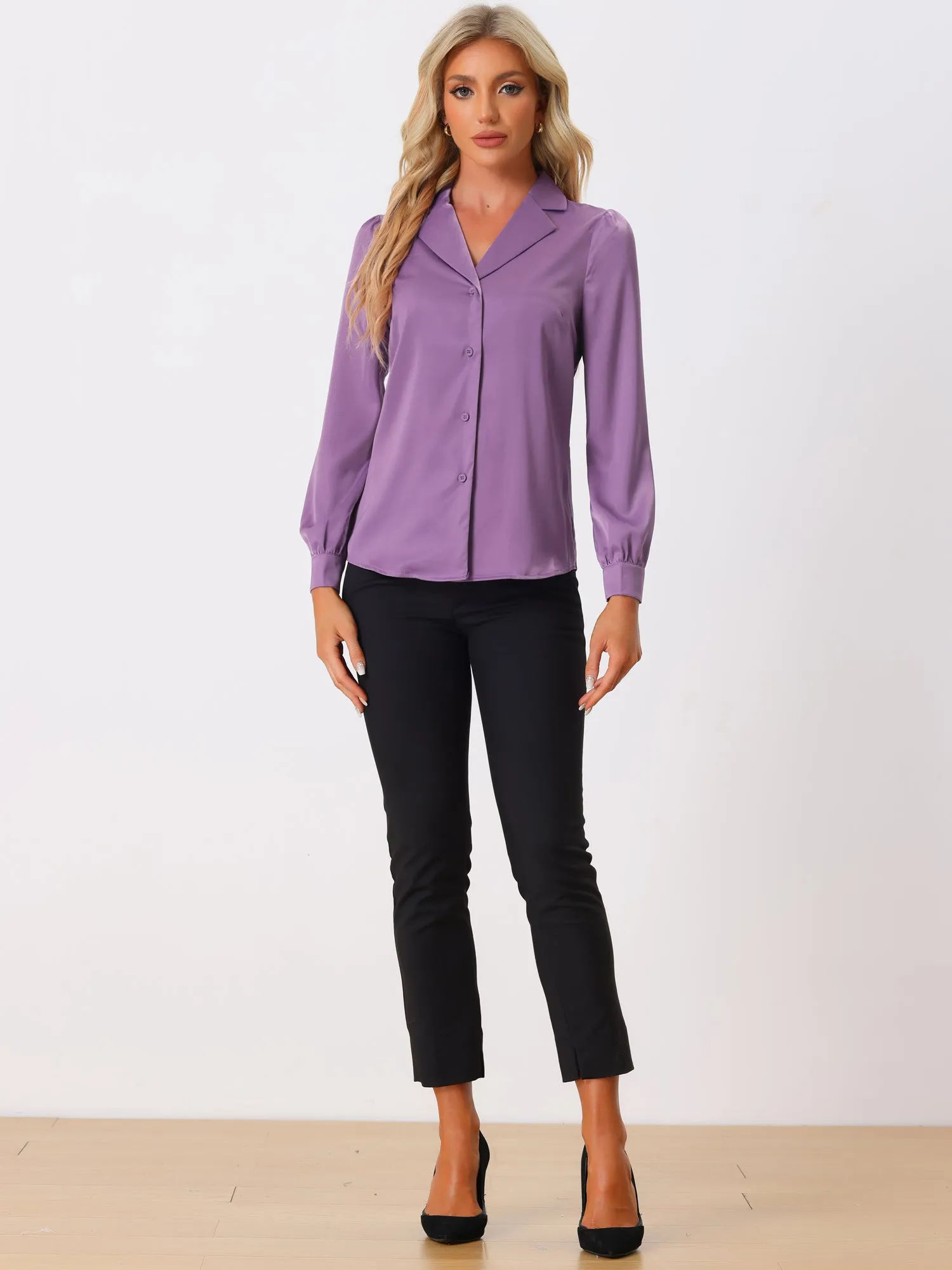 Elegant Collar Blouse Long Sleeve Work Office Satin Button Down Shirt