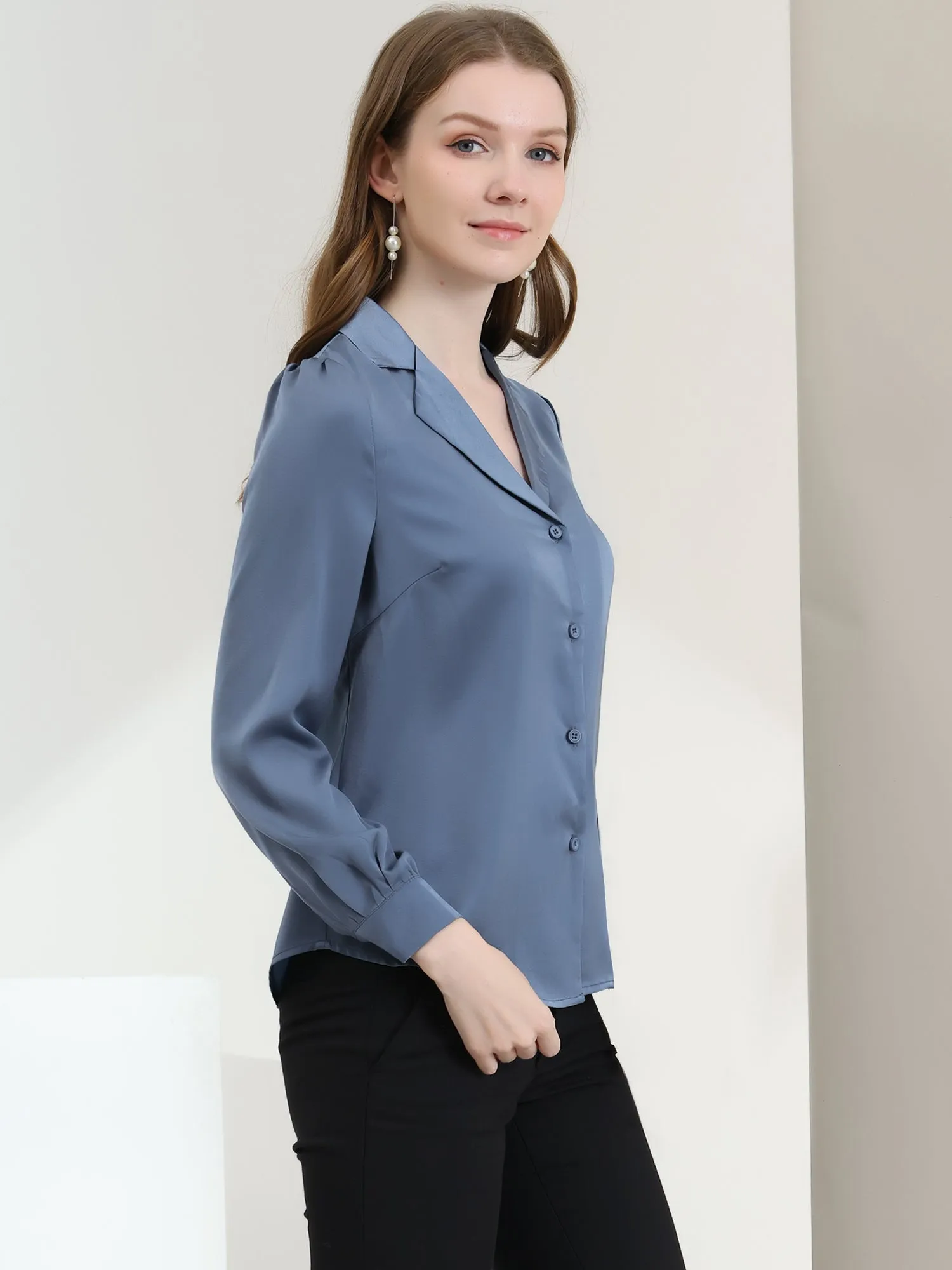 Elegant Collar Blouse Long Sleeve Work Office Satin Button Down Shirt