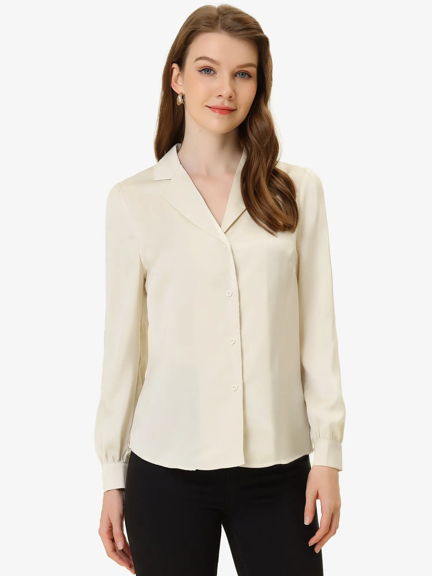 Elegant Collar Blouse Long Sleeve Work Office Satin Button Down Shirt