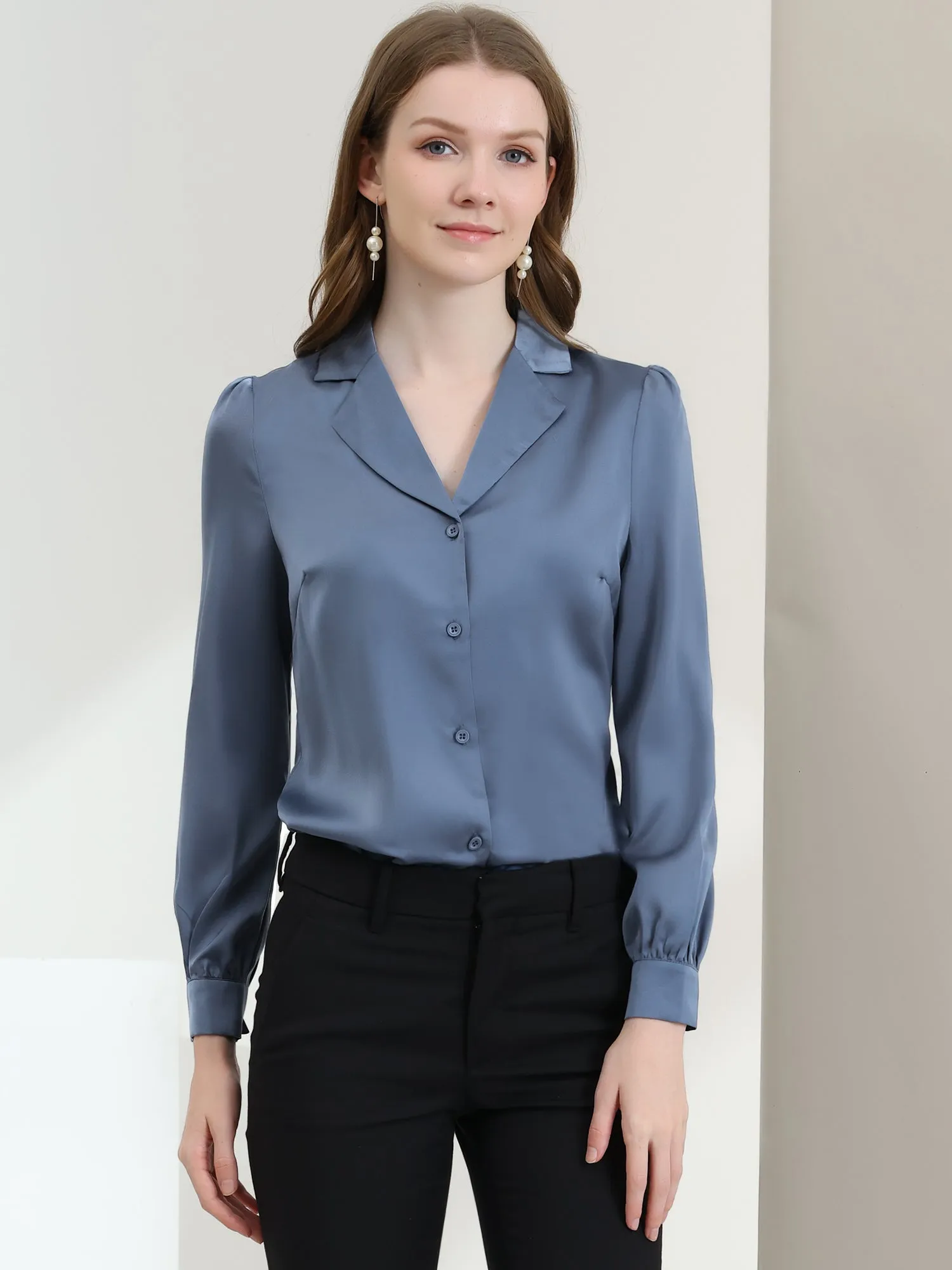 Elegant Collar Blouse Long Sleeve Work Office Satin Button Down Shirt