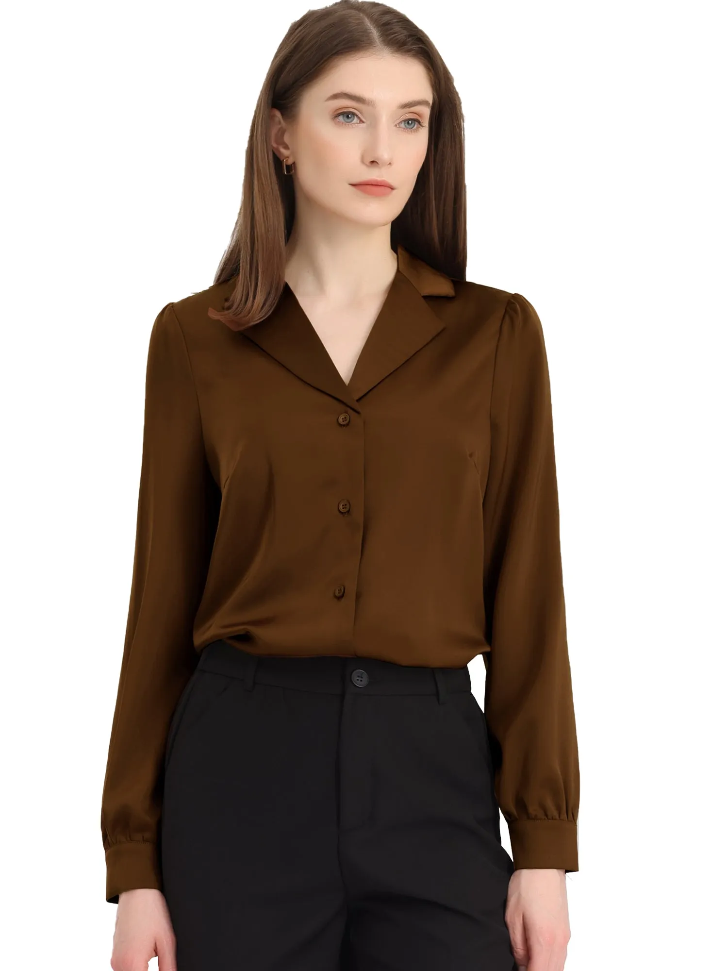 Elegant Collar Blouse Long Sleeve Work Office Satin Button Down Shirt