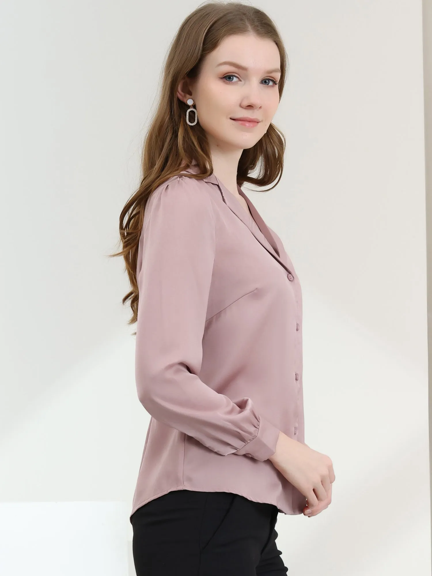 Elegant Collar Blouse Long Sleeve Work Office Satin Button Down Shirt