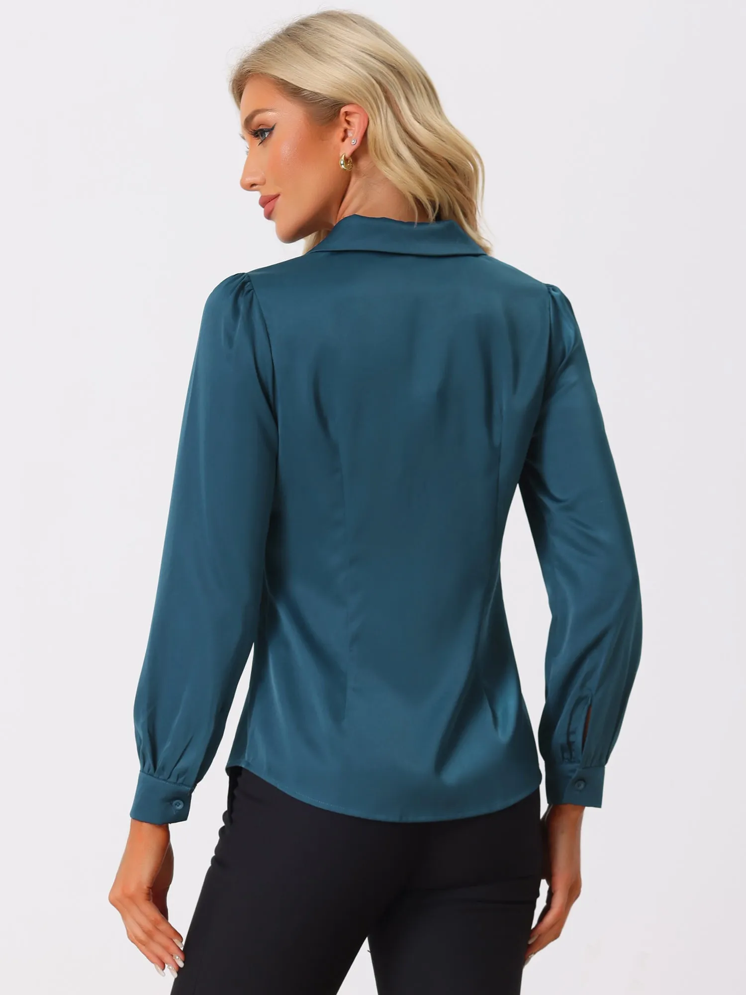 Elegant Collar Blouse Long Sleeve Work Office Satin Button Down Shirt