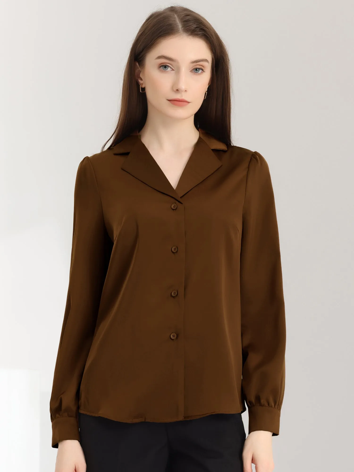 Elegant Collar Blouse Long Sleeve Work Office Satin Button Down Shirt
