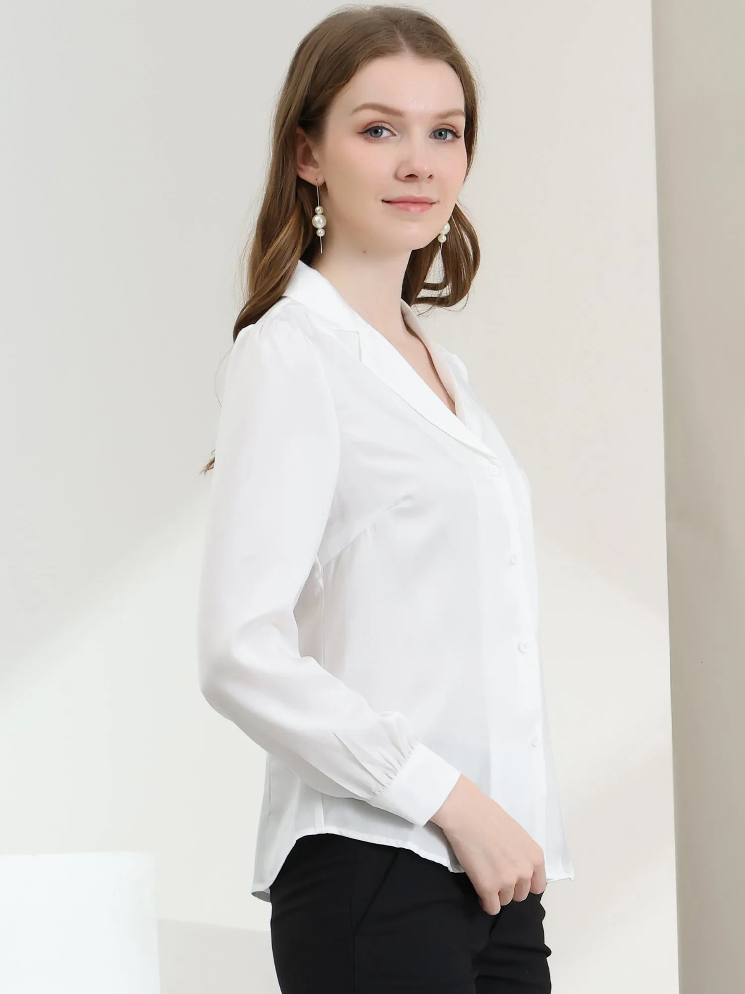 Elegant Collar Blouse Long Sleeve Work Office Satin Button Down Shirt
