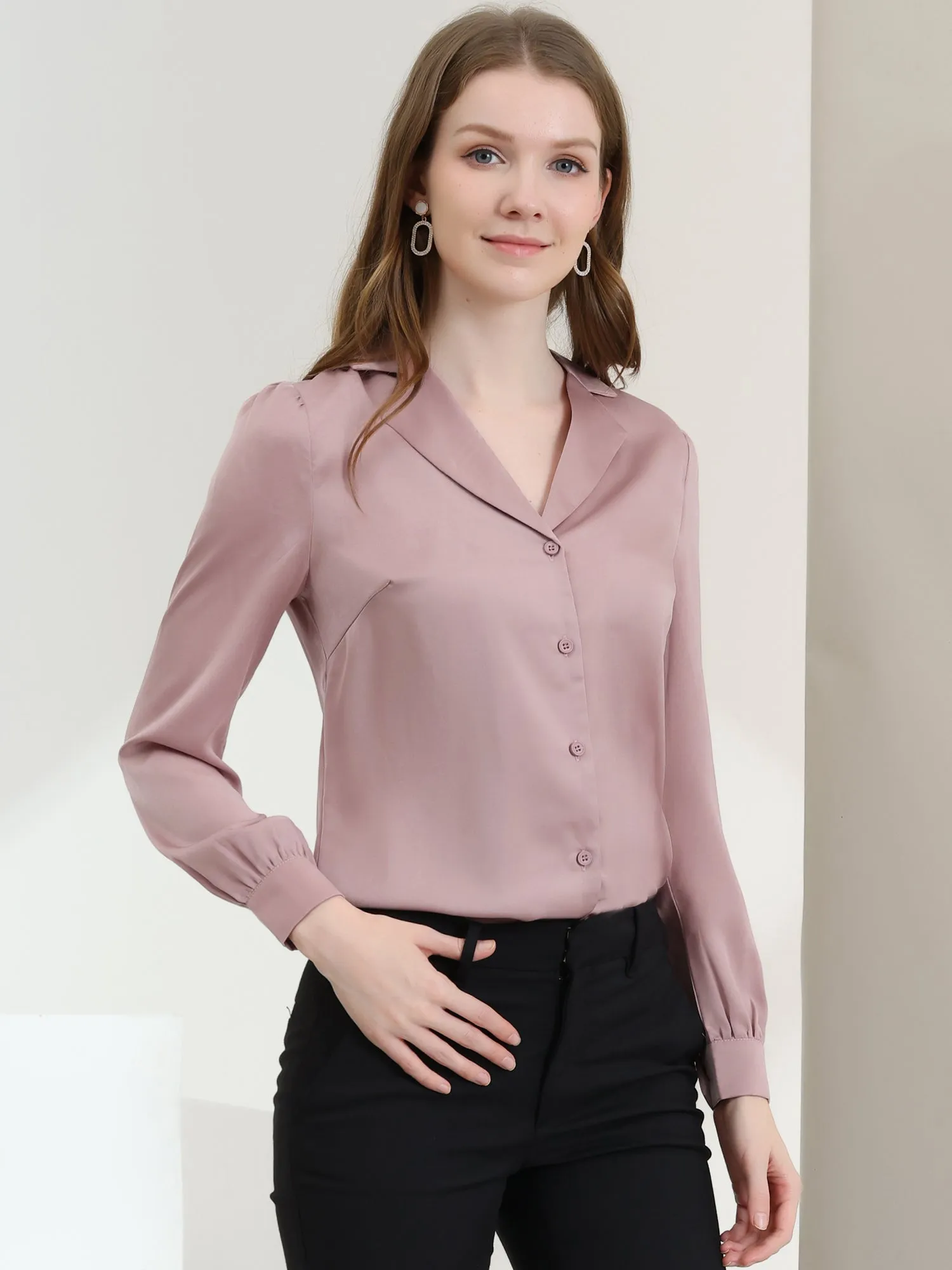 Elegant Collar Blouse Long Sleeve Work Office Satin Button Down Shirt