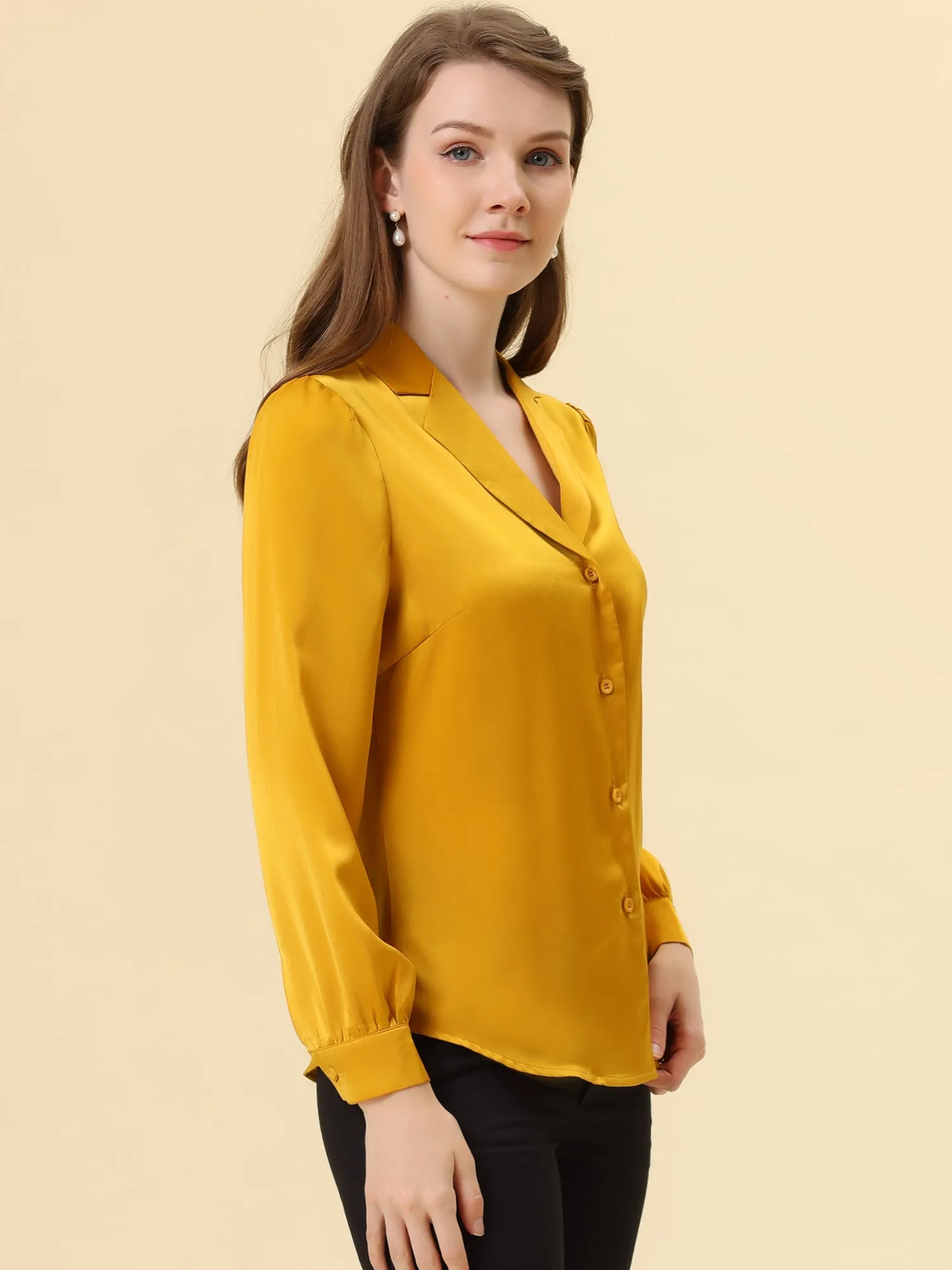 Elegant Collar Blouse Long Sleeve Work Office Satin Button Down Shirt