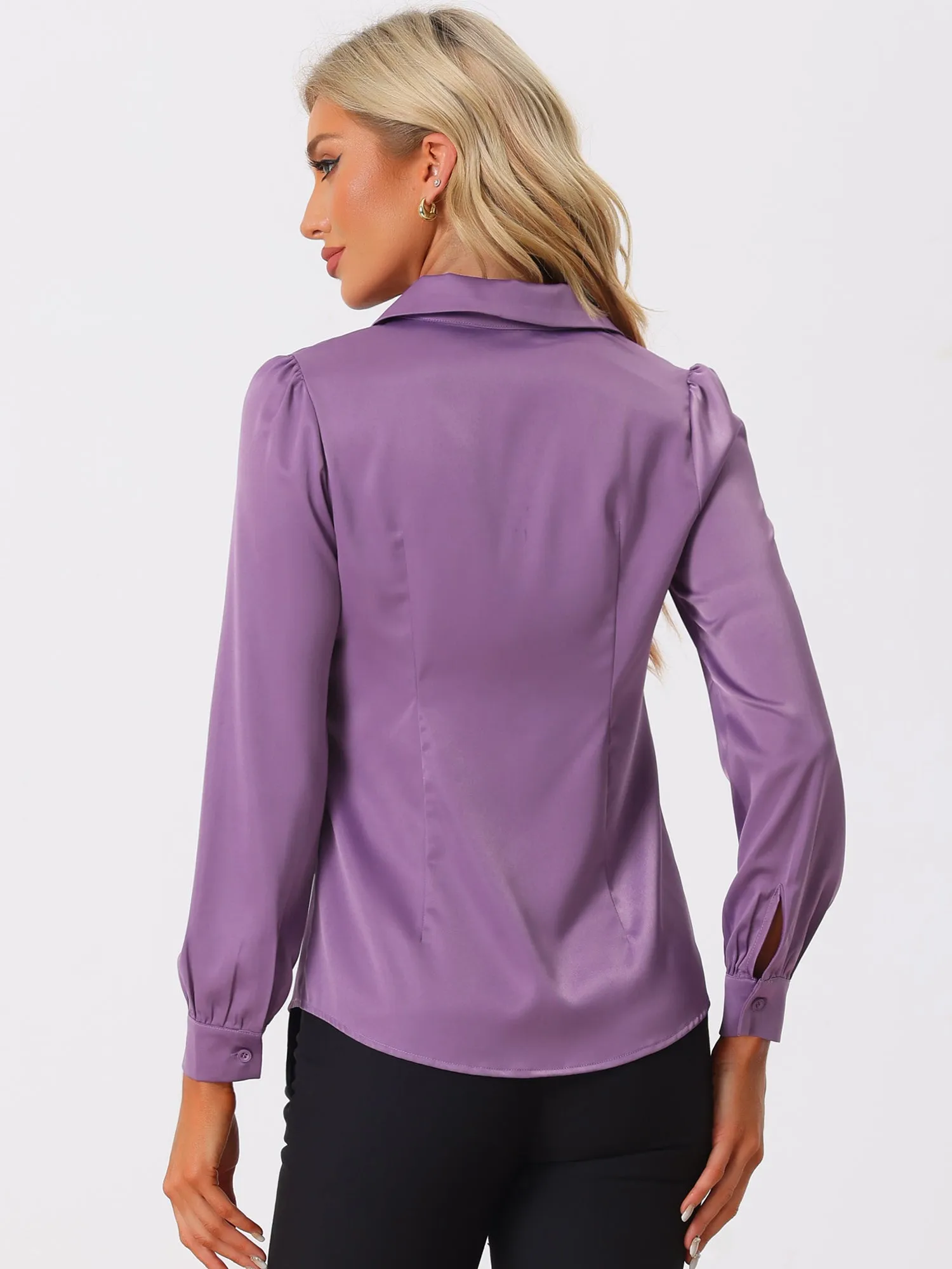 Elegant Collar Blouse Long Sleeve Work Office Satin Button Down Shirt