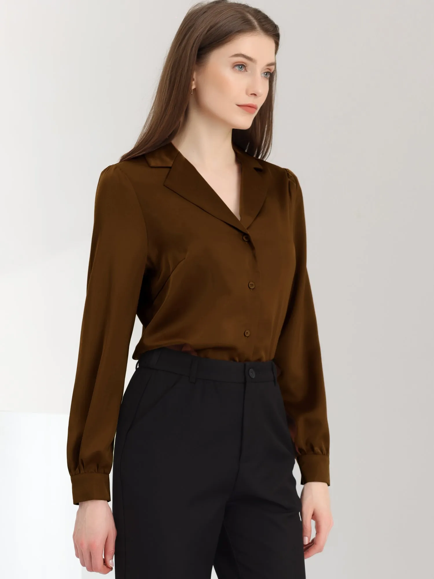 Elegant Collar Blouse Long Sleeve Work Office Satin Button Down Shirt
