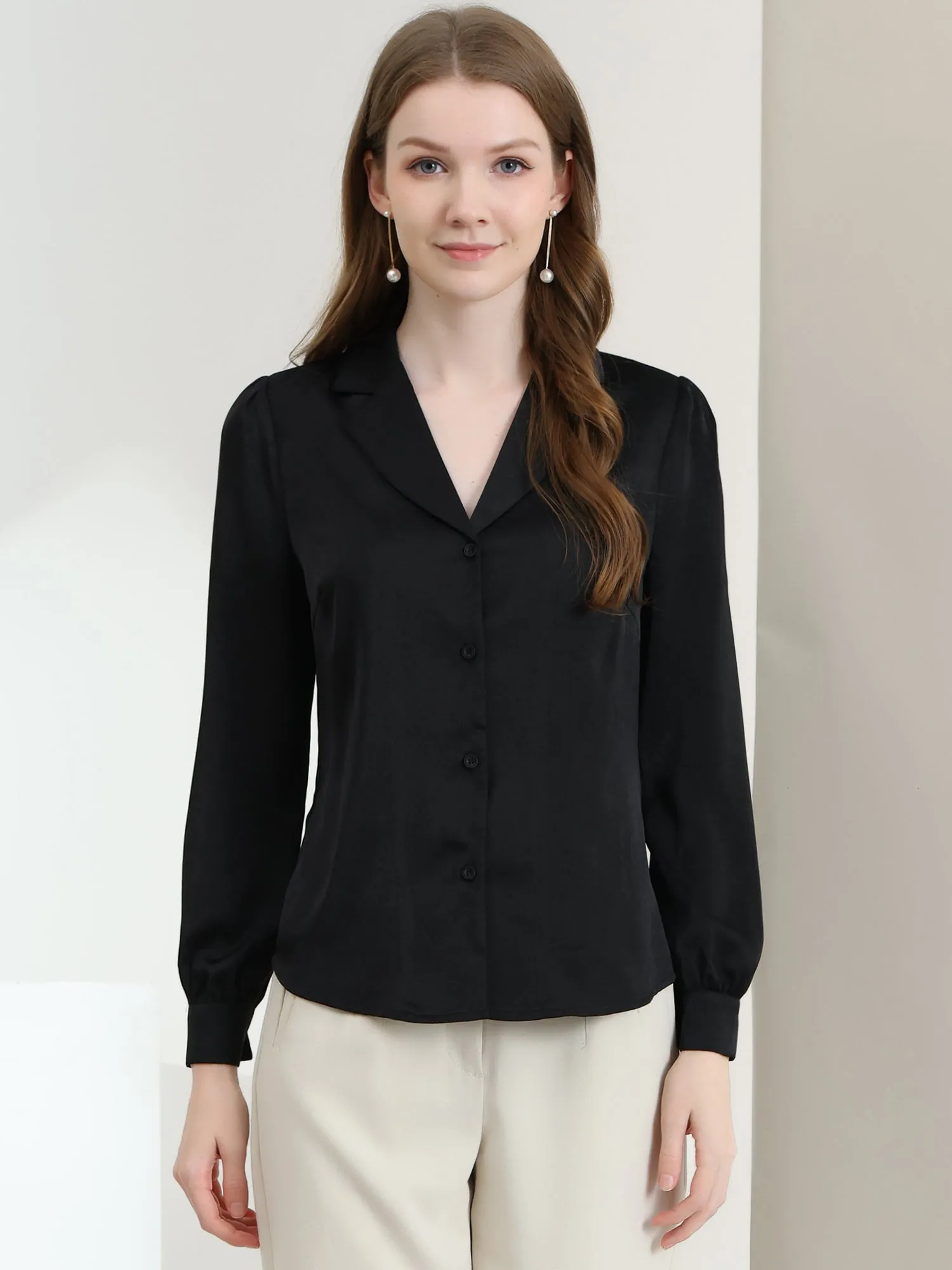Elegant Collar Blouse Long Sleeve Work Office Satin Button Down Shirt
