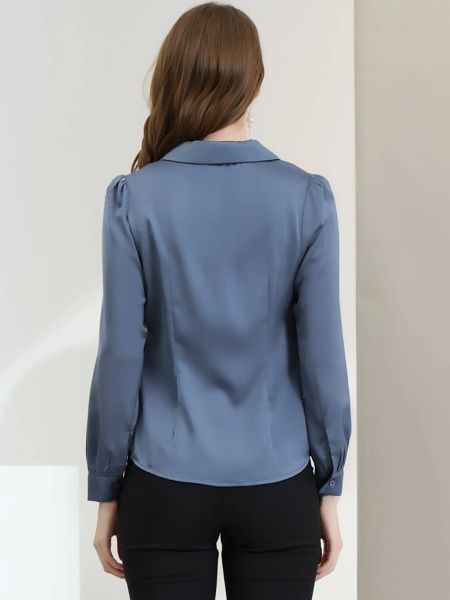 Elegant Collar Blouse Long Sleeve Work Office Satin Button Down Shirt