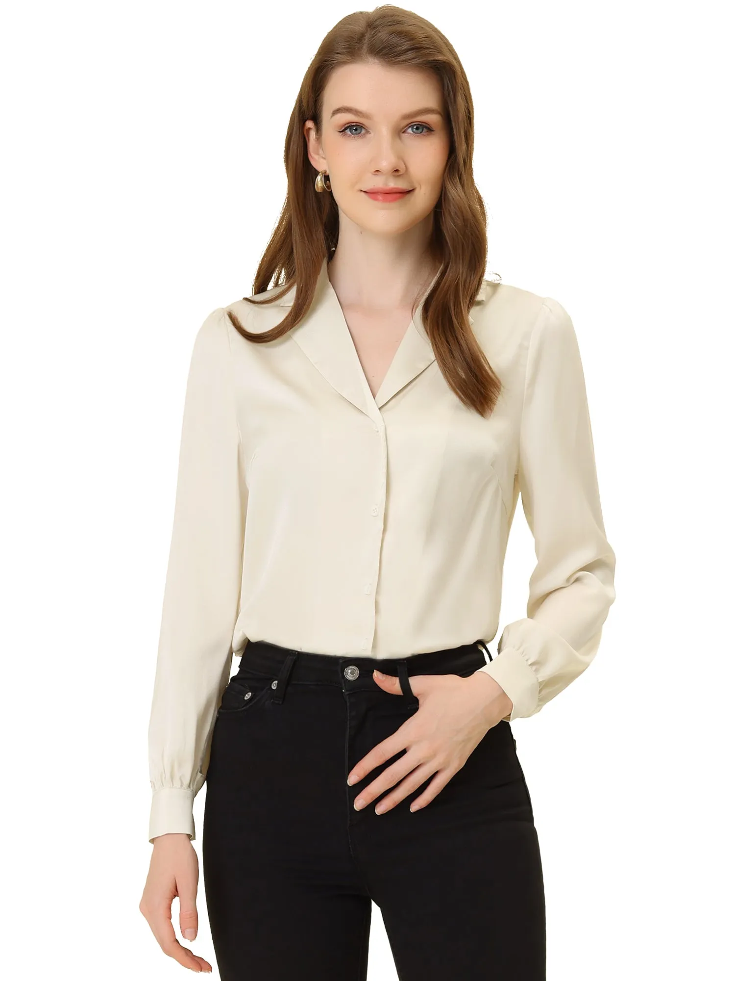 Elegant Collar Blouse Long Sleeve Work Office Satin Button Down Shirt