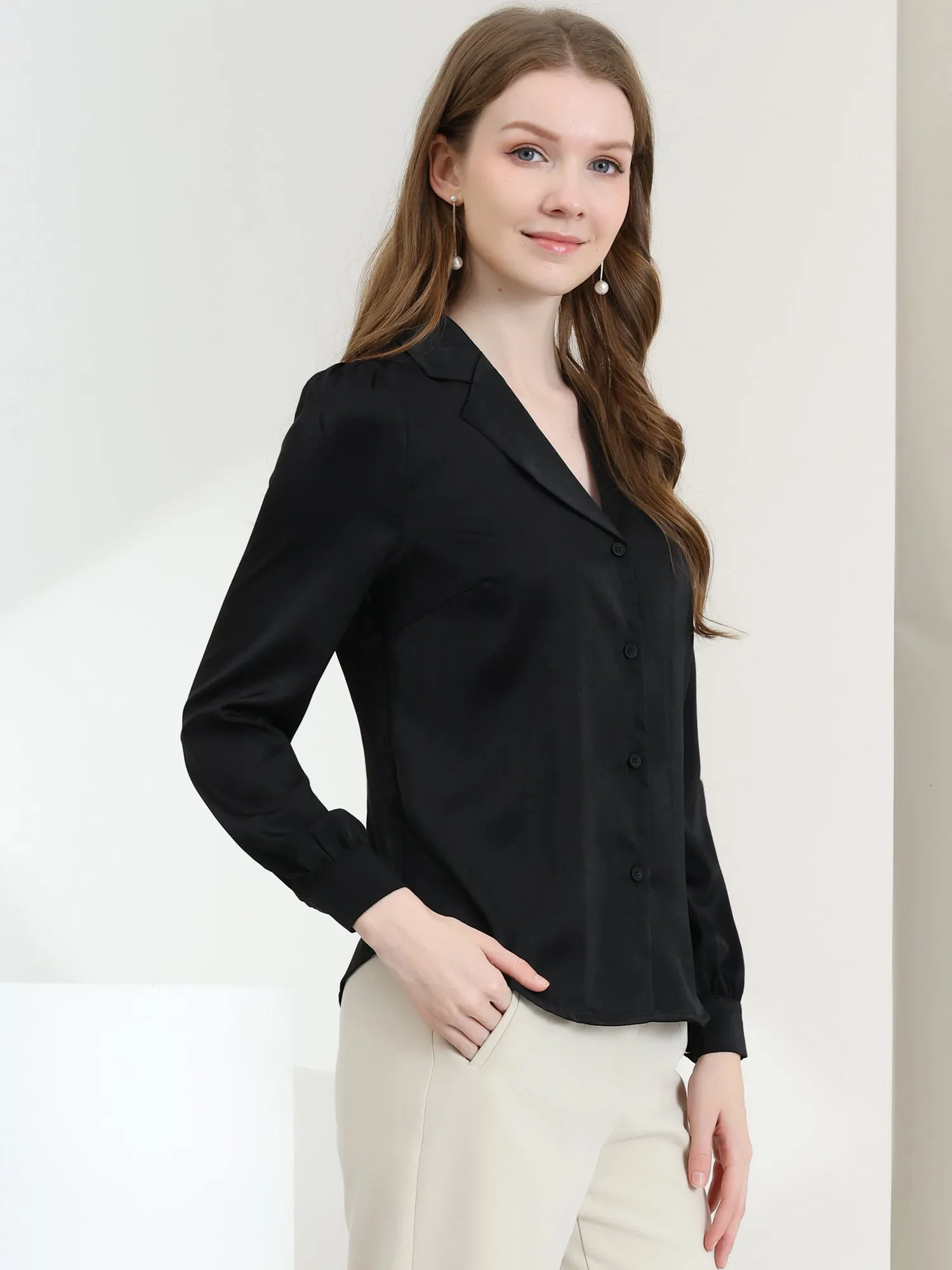 Elegant Collar Blouse Long Sleeve Work Office Satin Button Down Shirt