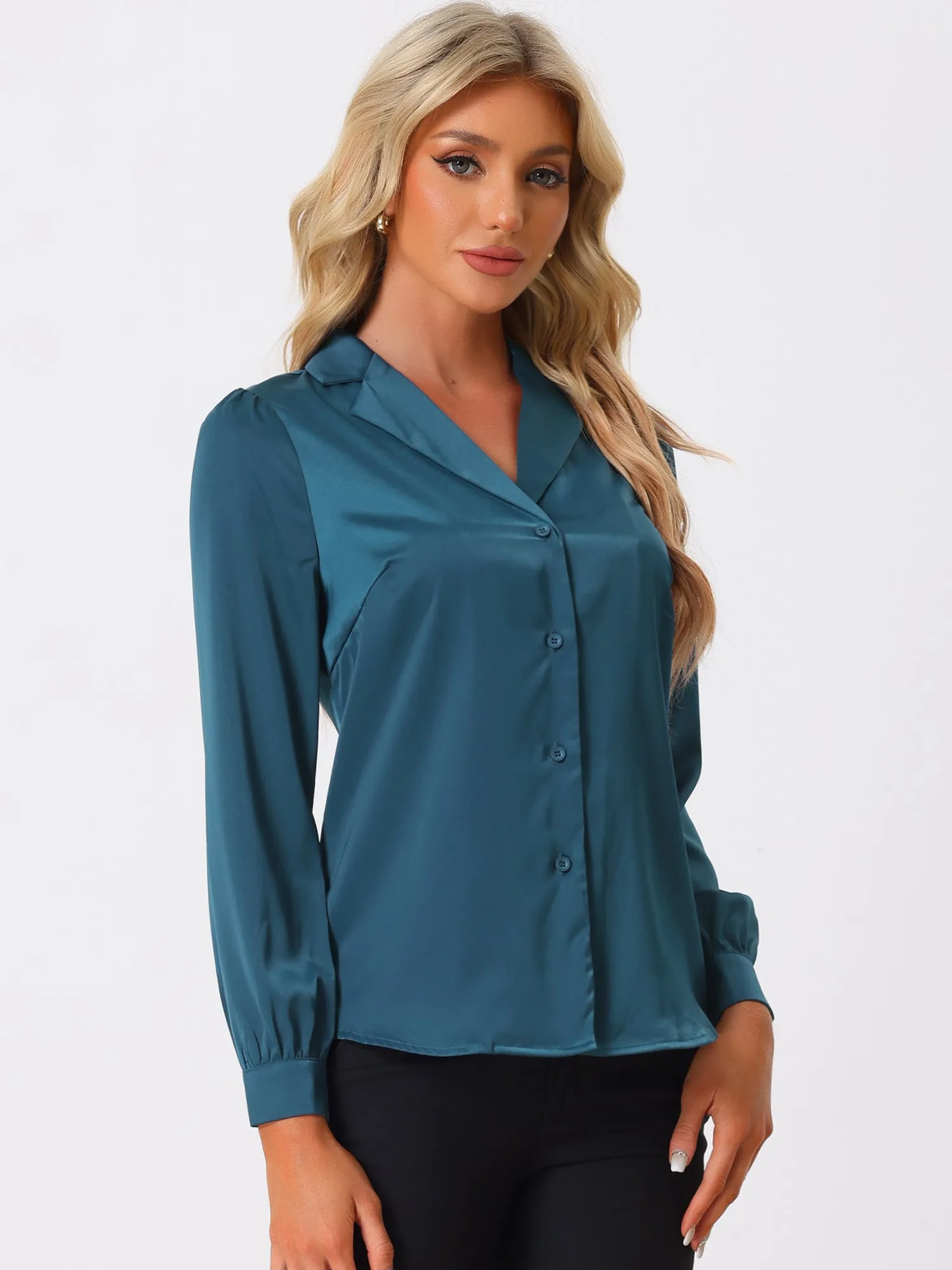 Elegant Collar Blouse Long Sleeve Work Office Satin Button Down Shirt
