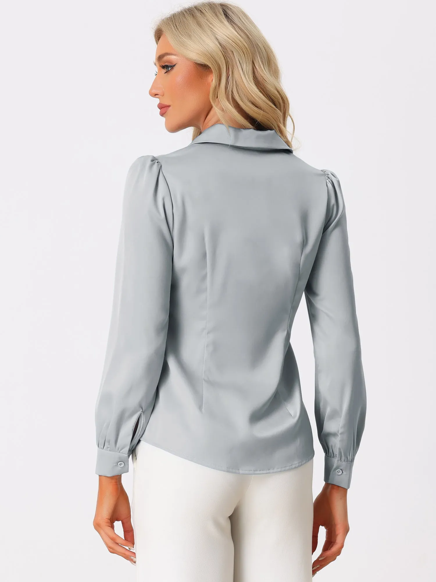 Elegant Collar Blouse Long Sleeve Work Office Satin Button Down Shirt